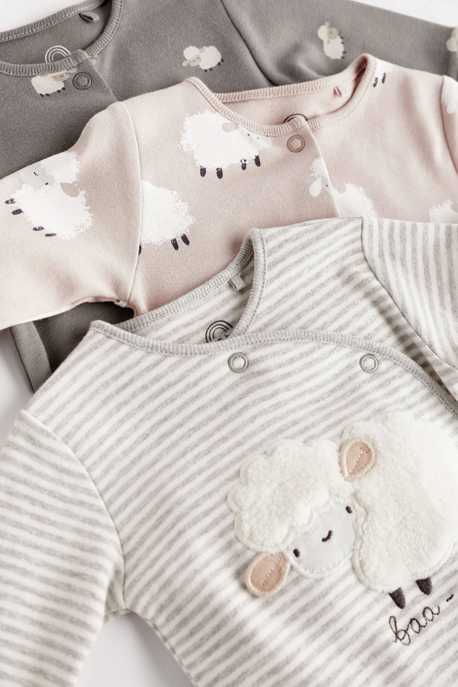 Buy Grey Sheep Baby Delicate Appliqué Sleepsuits 3 Pack (0-2yrs) from ...