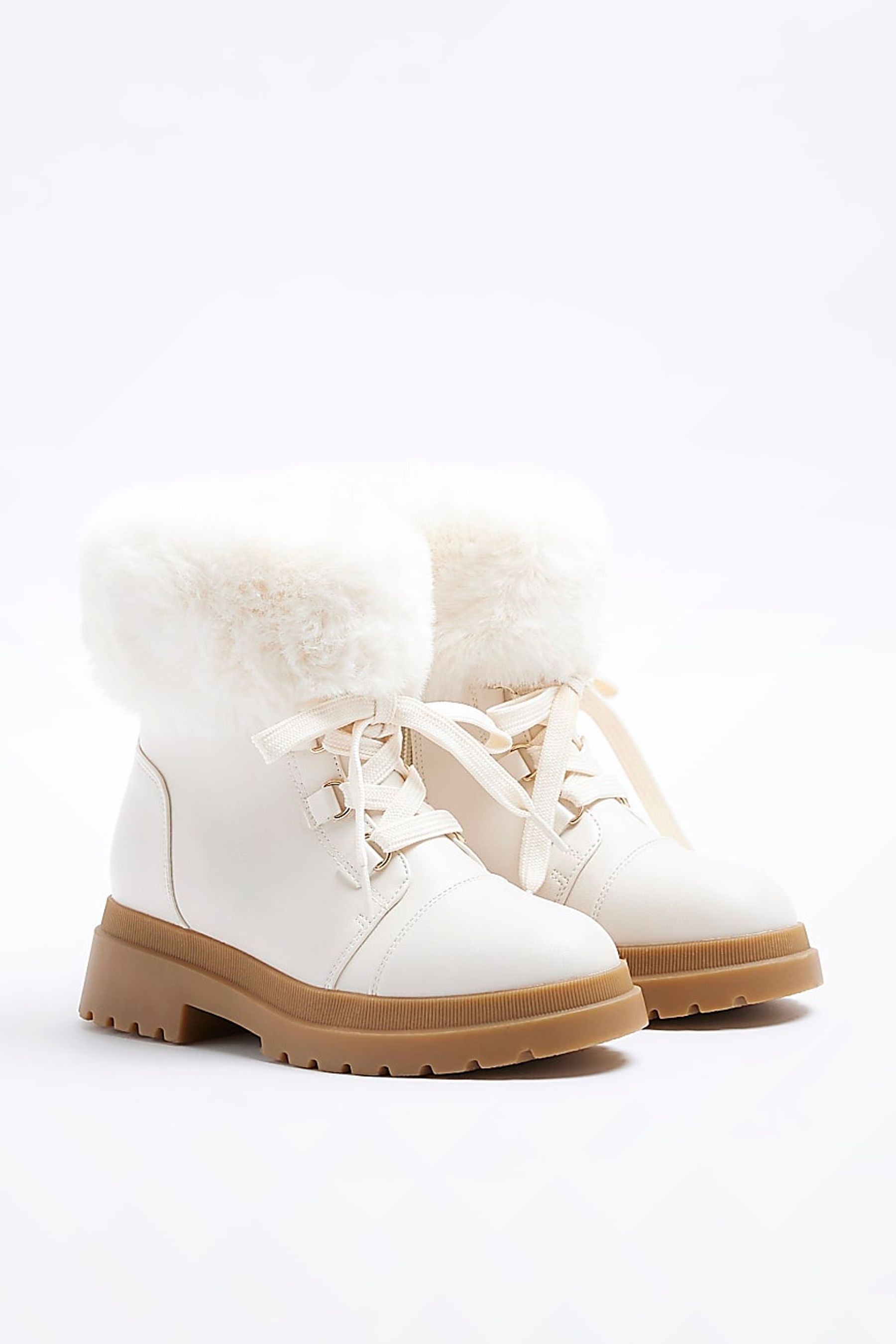 Buy River Island Cream Faux Fur Lace Up Hiker Girls Boots from the Next ...