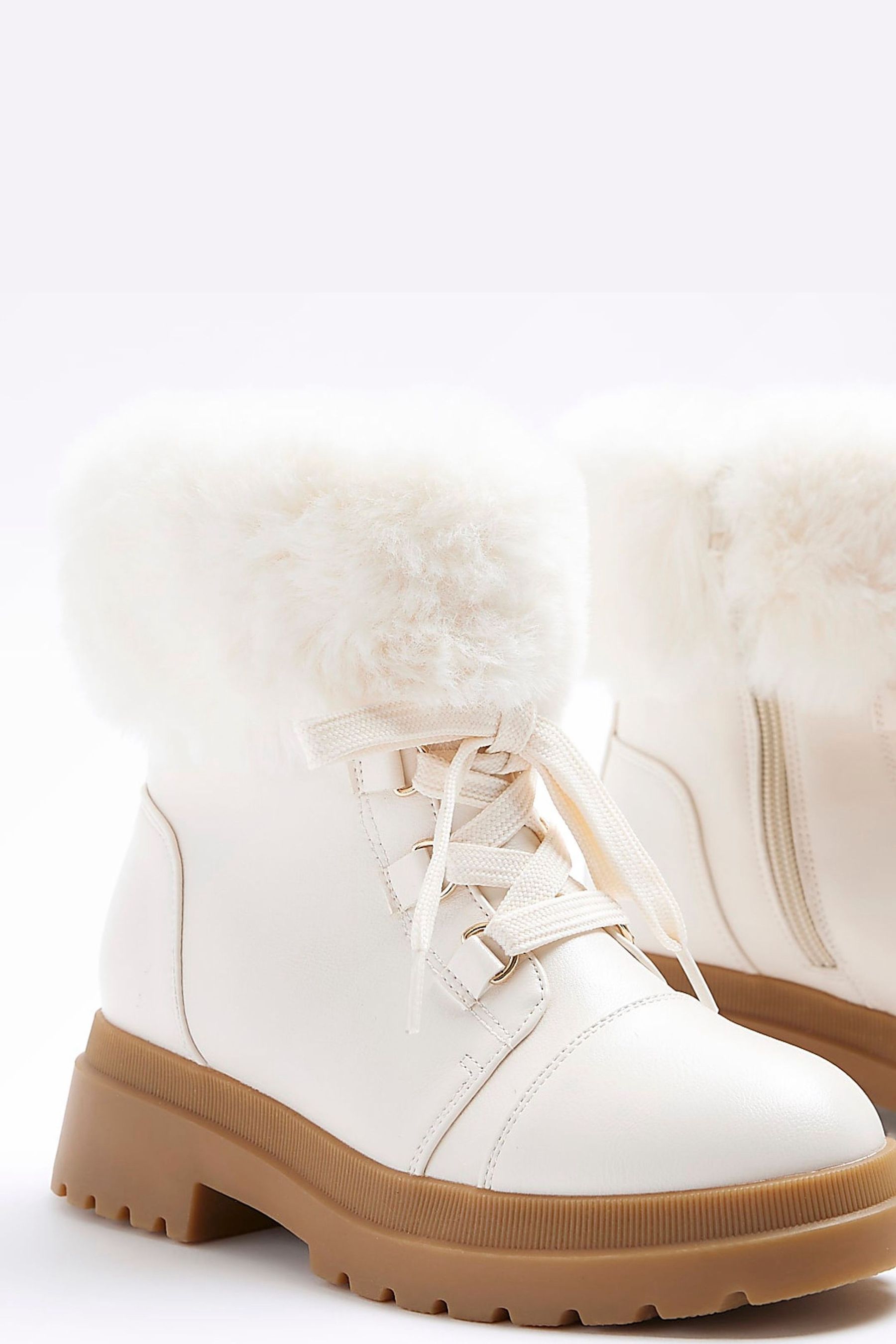 Buy River Island Cream Faux Fur Lace Up Hiker Girls Boots from the Next ...