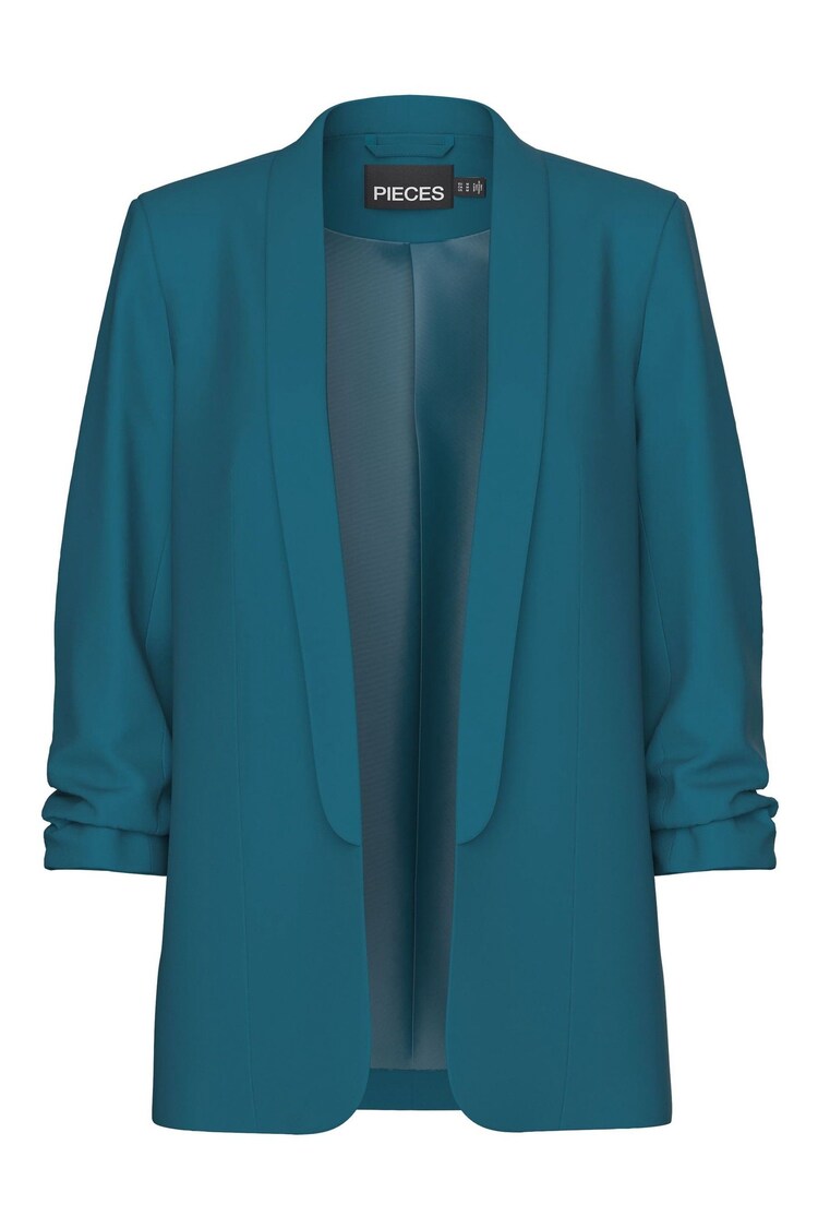 PIECES Blue Ruched Sleeve 100% Cotton Blazer - Image 1 of 1 PIECES Blue Ruched Sleeve 100% Cotton Blazer - Image 1 of 1