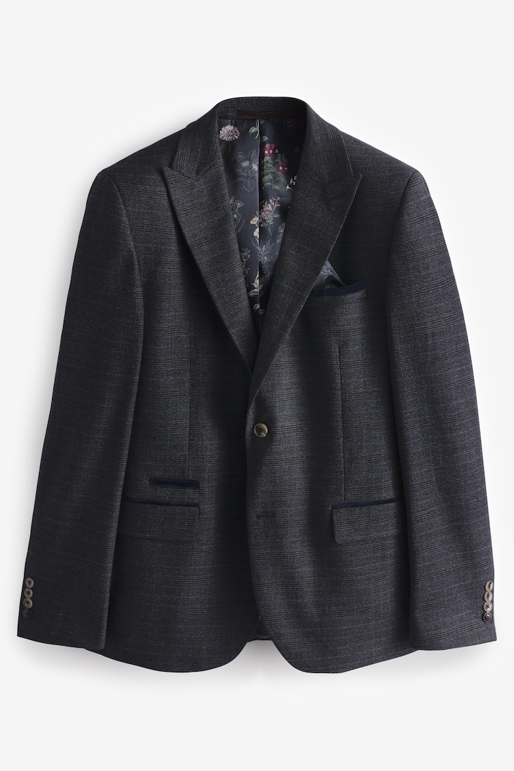 Navy Blue Skinny Fit Trimmed Check Suit Jacket - Image 1 of 1