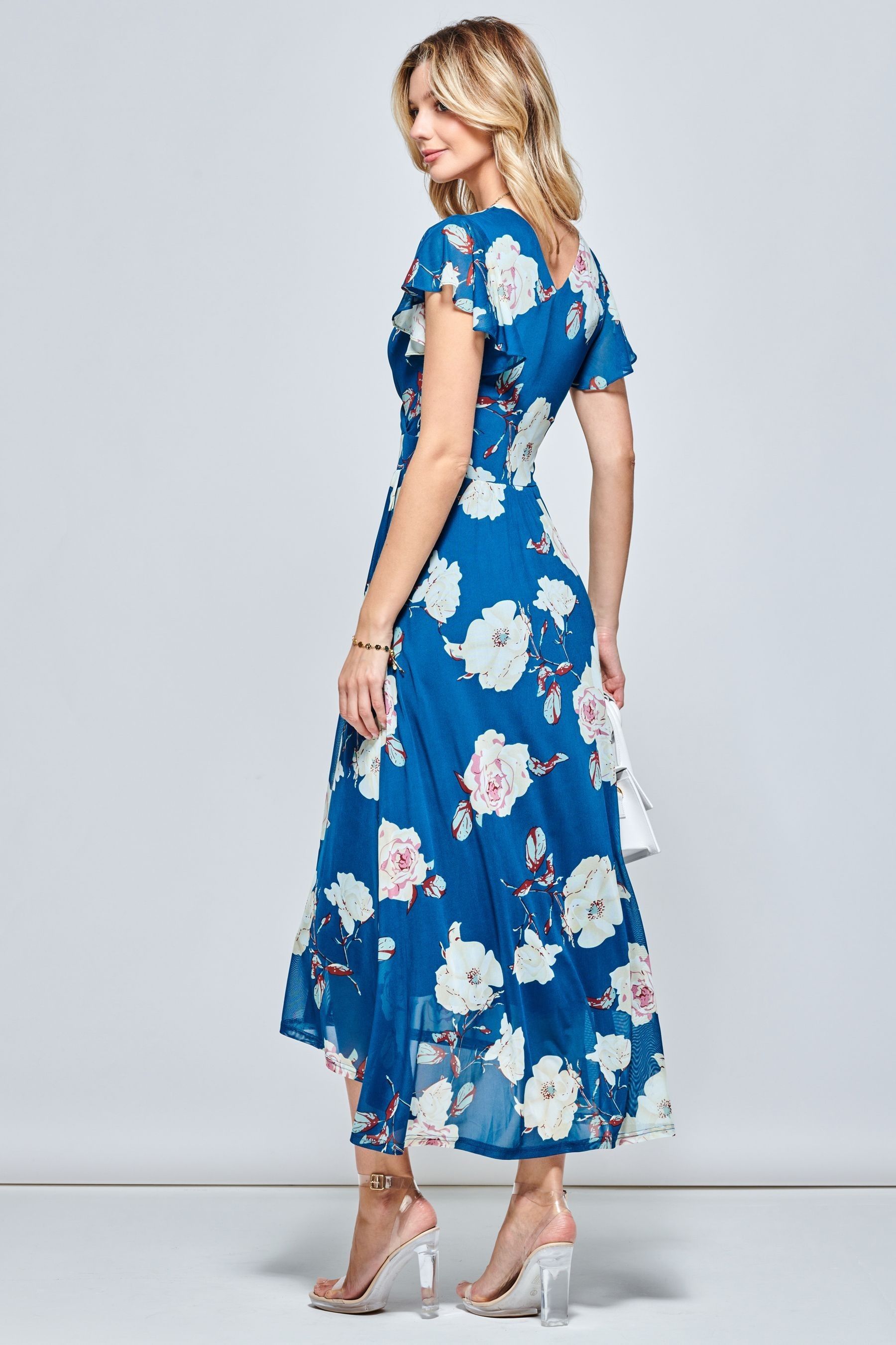 Buy Jolie Moi Blue Dipped Hem Mesh Maxi Dress from Next Australia image.