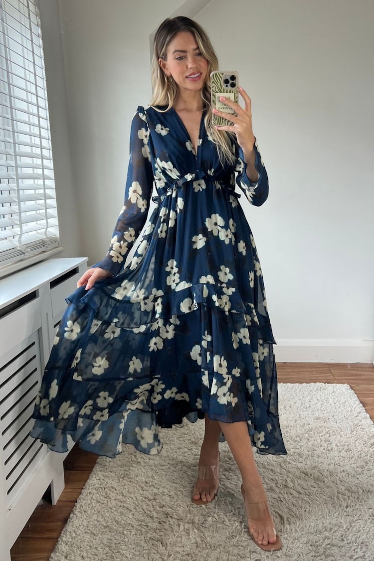 Style Cheat Blue Cream Floral Birdie Frill Tie Back Dress - Image 1 of 1