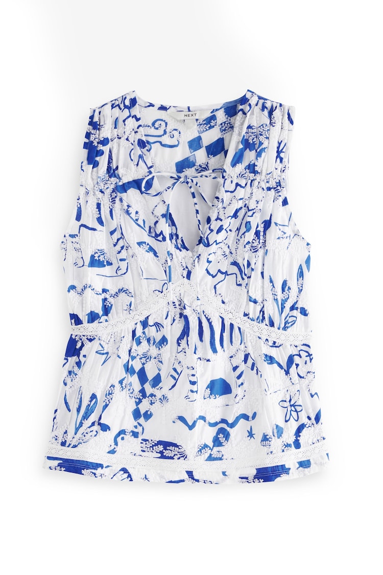 Blue Print Broderie Sleeveless Tie Top - Image 1 of 1