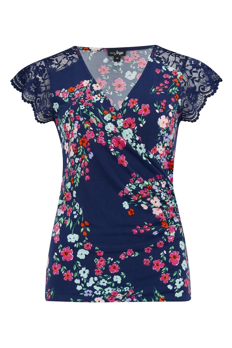 Pour Moi Purple & Blue Julie Fuller Bust Slinky Jersey Lace Trim Wrap Top - Image 1 of 1