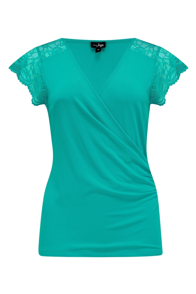 Pour Moi Turquoise Blue Julie Fuller Bust Slinky Jersey Lace Trim Wrap Top - Image 1 of 1