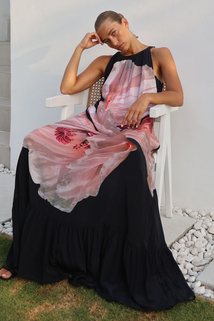 Religion Pink Floral Print Halterneck Maxi Dress With Large Floral Placement Print in Cupro - Image 1 of 1