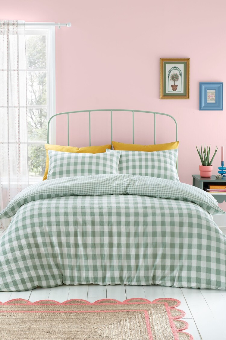 Catherine Lansfield Green Seersucker Gingham Check Easy Care Duvet Cover Set - Image 1 of 1