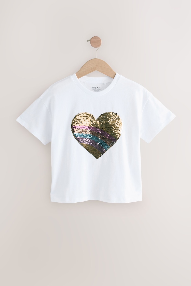 White Pastel Rainbow Sequin Heart Print T-Shirt (3-16yrs) - Image 1 of 1