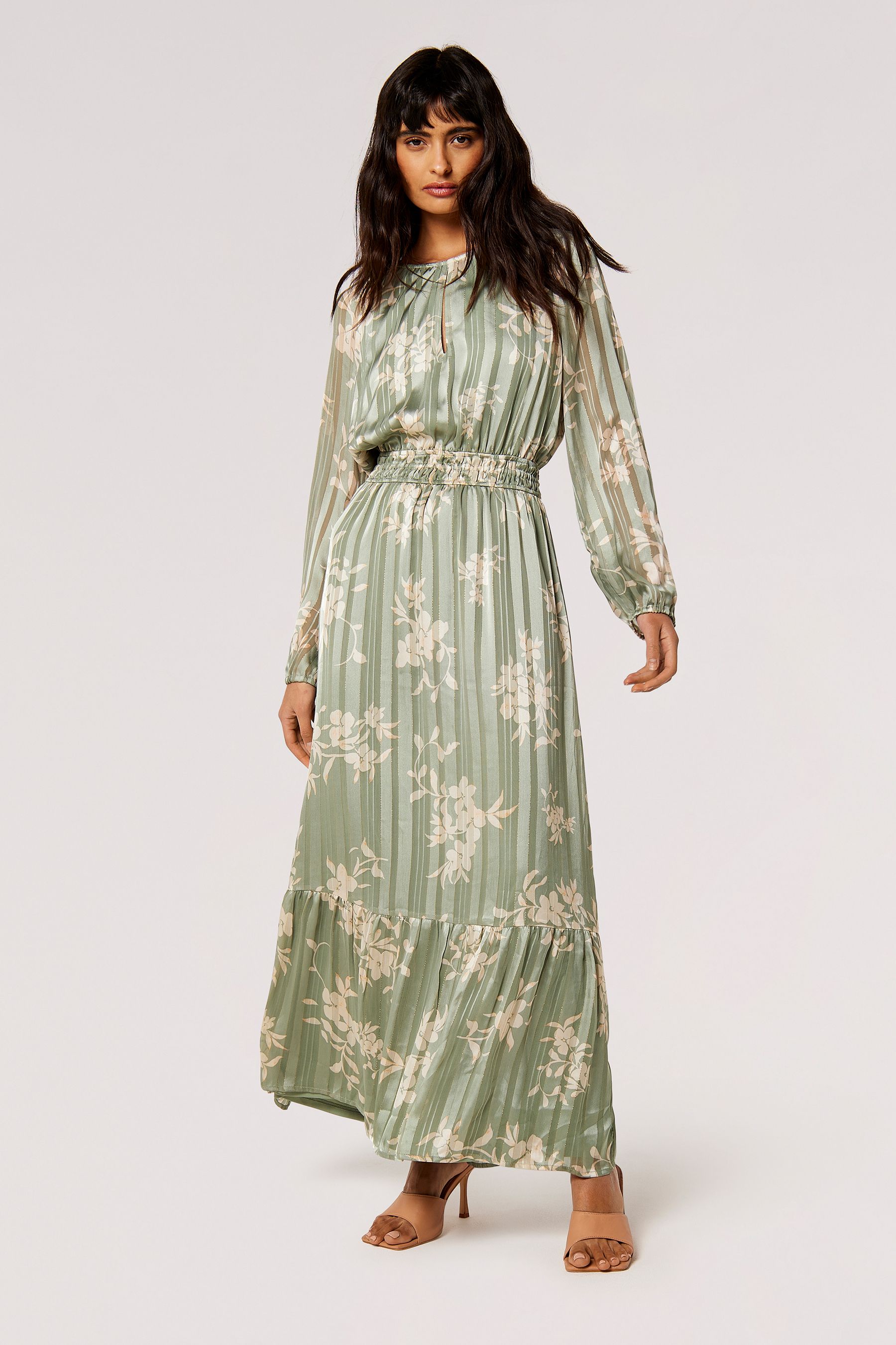 Buy Apricot Green Silhouette Floral Satin Shimmer Maxi Dress from the ...