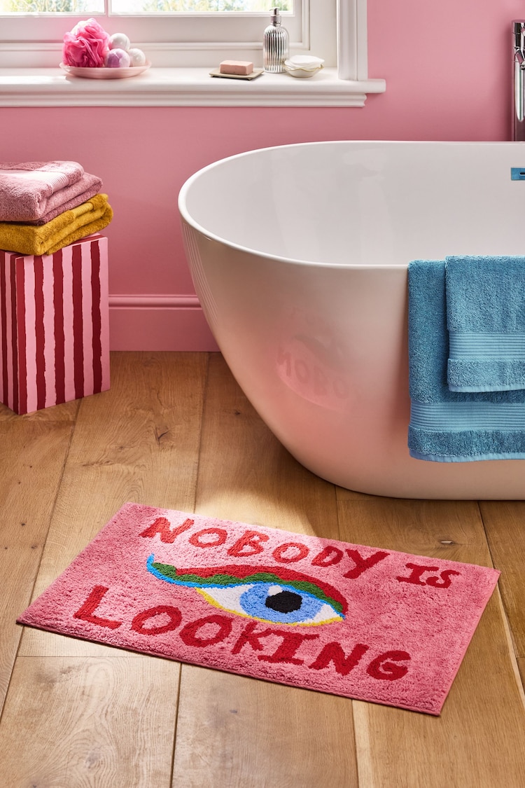 Eleanor Bowmer Pink Nobody is Looking Slogan 100% Cotton Bath Mat - Image 1 of 1
