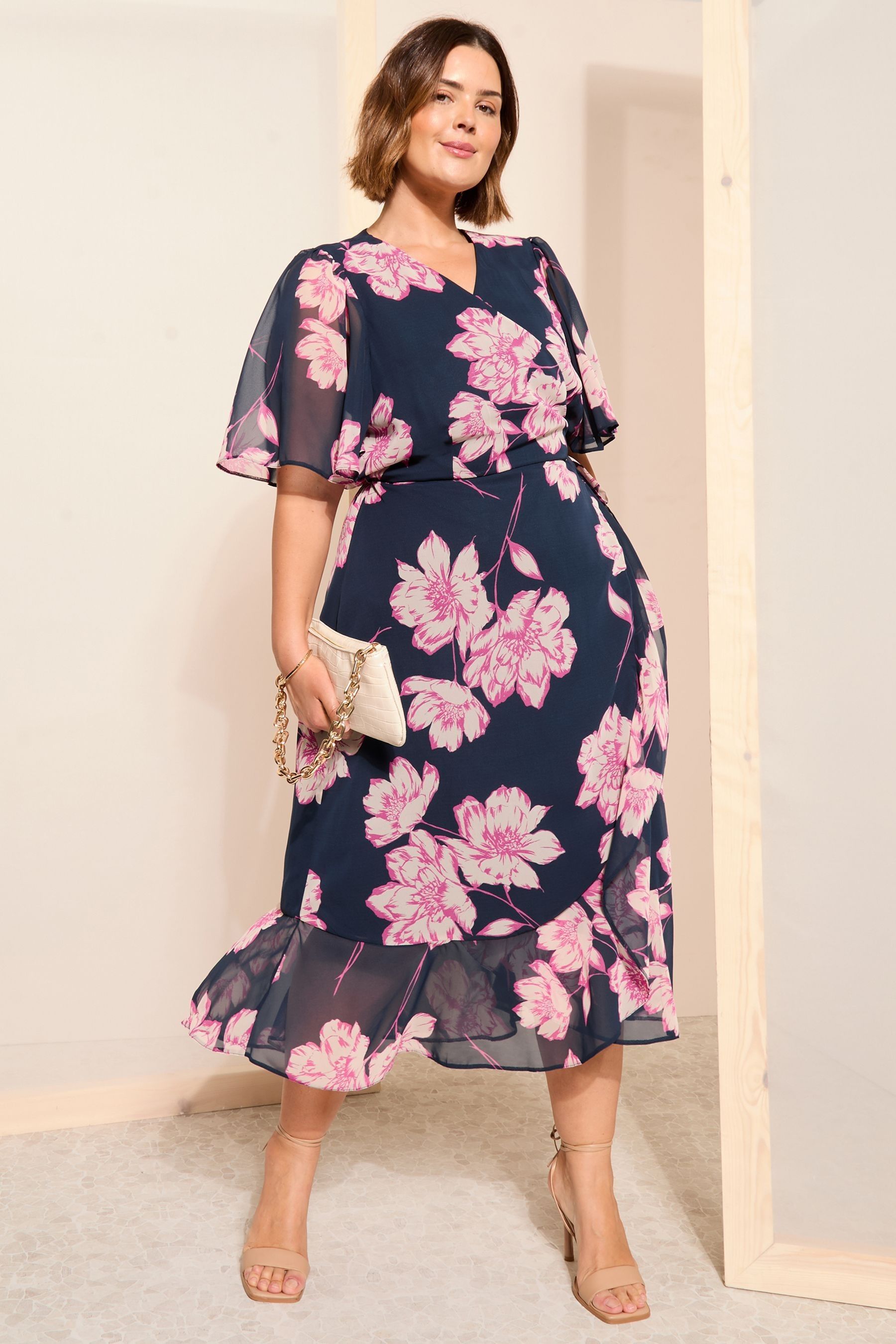Buy Curves Like These Navy Blue Chiffon Mix Flutter Sleeve Wrap Midi ...