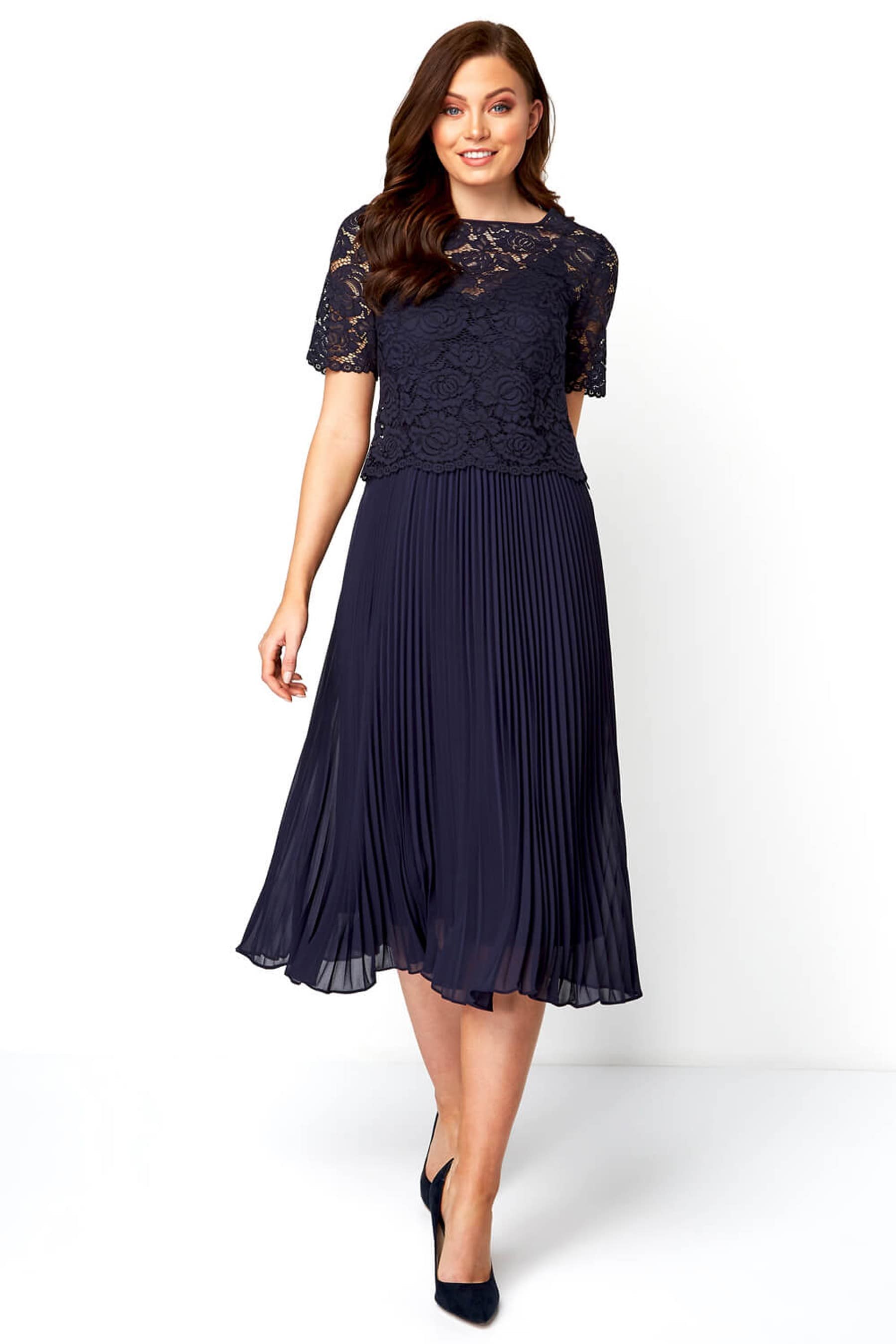 Buy Roman Navy Lace Top Overlay Pleated Midi Dress From The Next Uk Online Shop