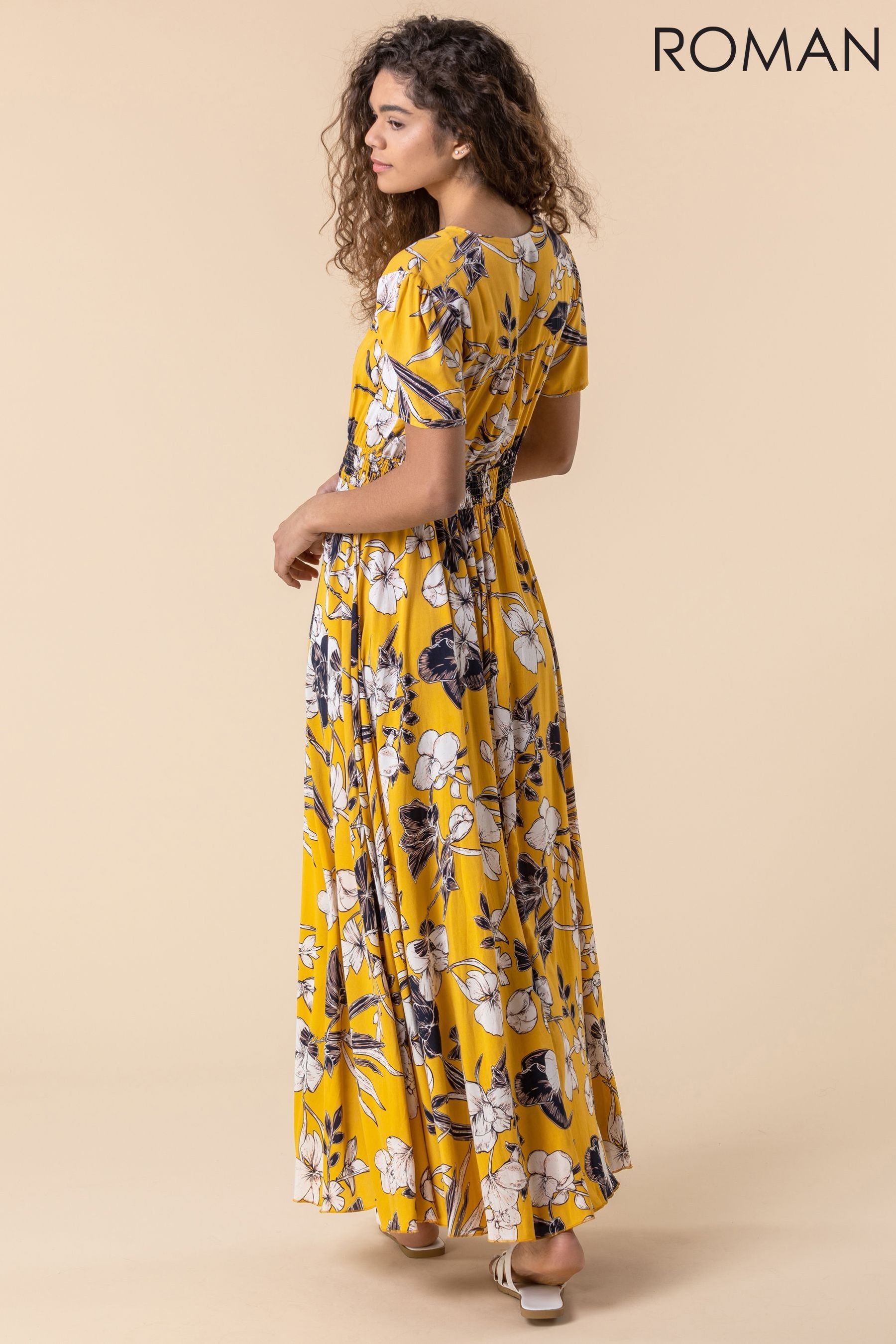 Buy Roman Yellow Floral Print Shirred Waist Maxi Dress from the Next UK ...