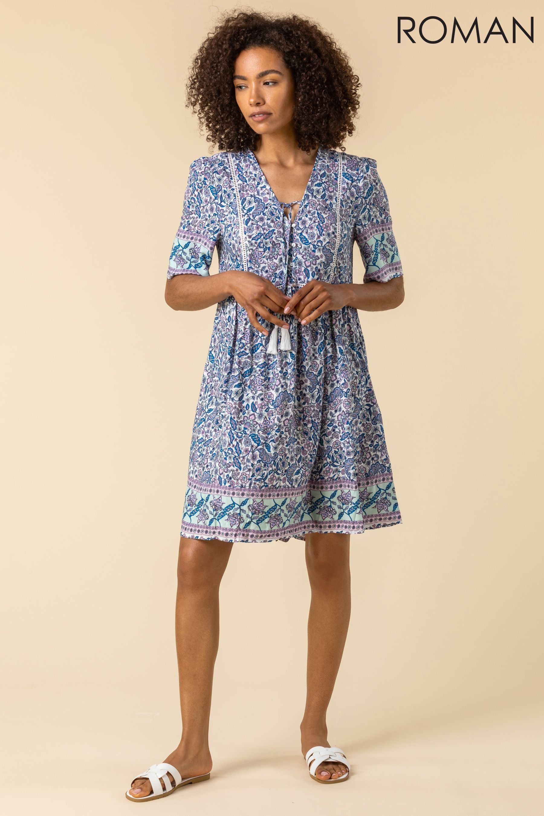 Buy Roman Blue Tassel Detail Floral Print Smock Dress from the Next UK