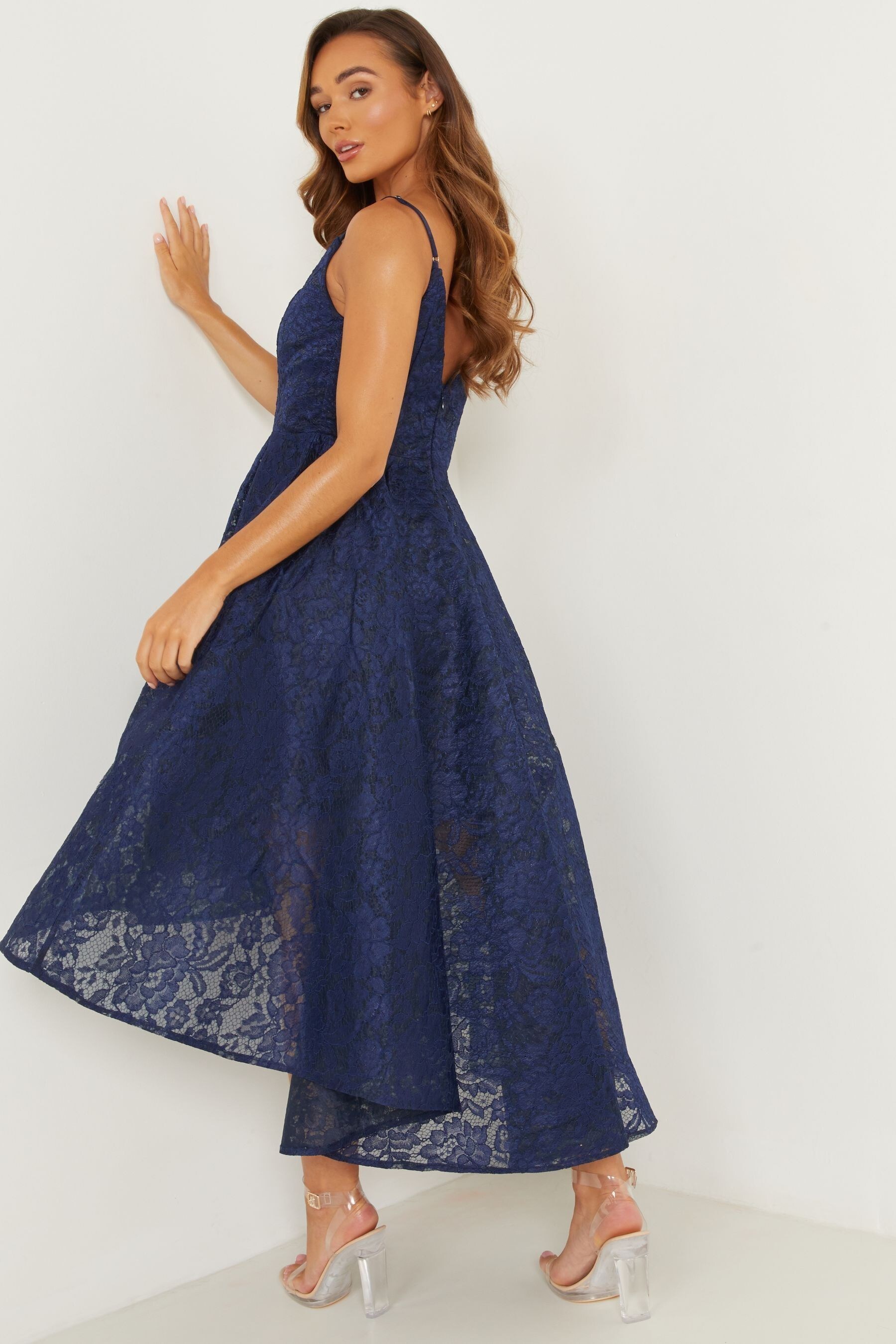 Buy Quiz Blue Lace Strappy V Neck Dip Hem Dress from Next Ireland