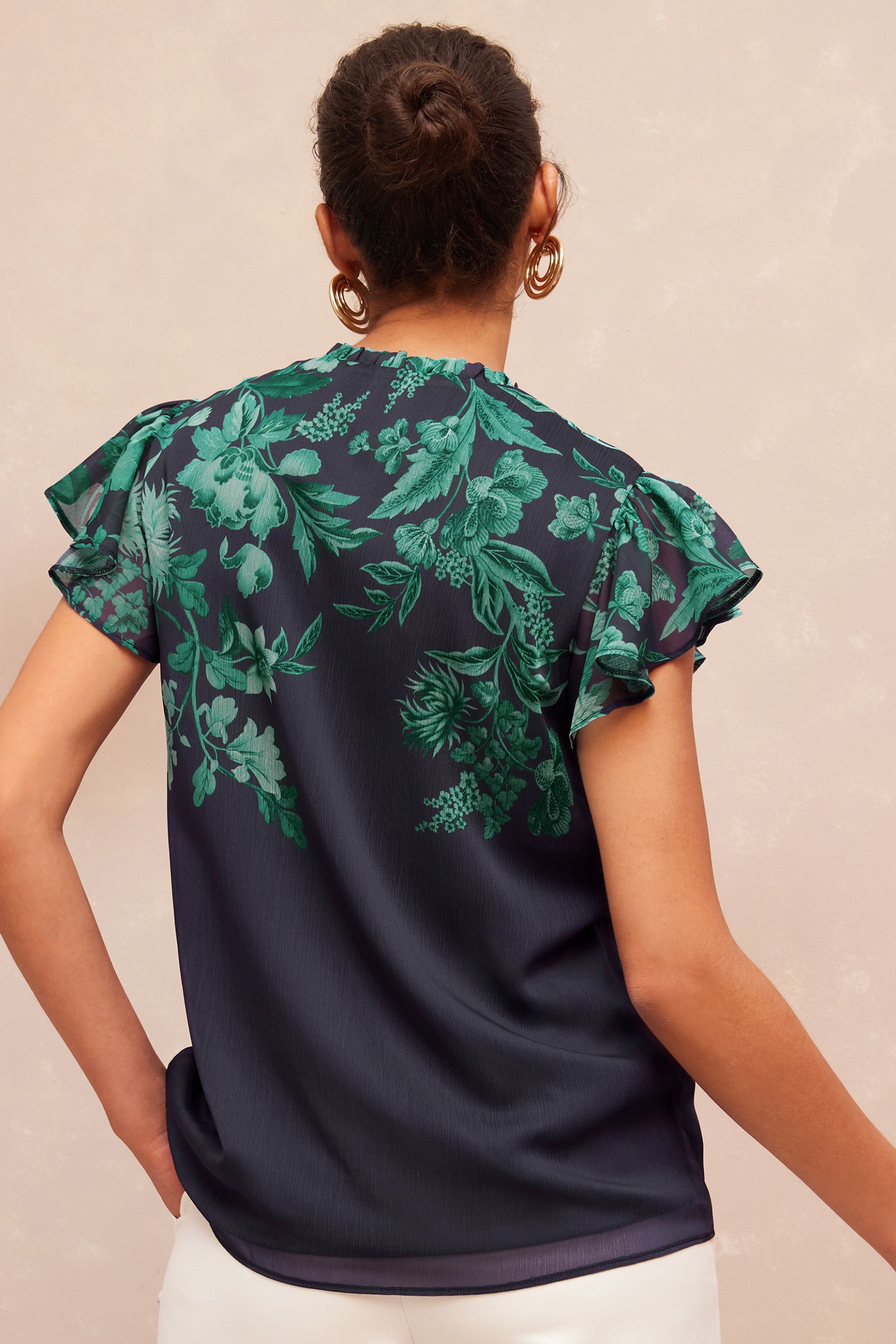 Buy V&A | Love & Roses Teal Floral Printed Ruffle V Neck Flutter Sleeve ...