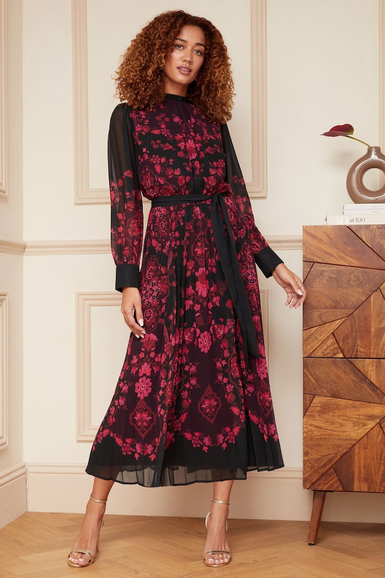 Love & Roses Black and Red Printed Belted Pleated Long Sleeve Midi Dress - Image 1 of 1