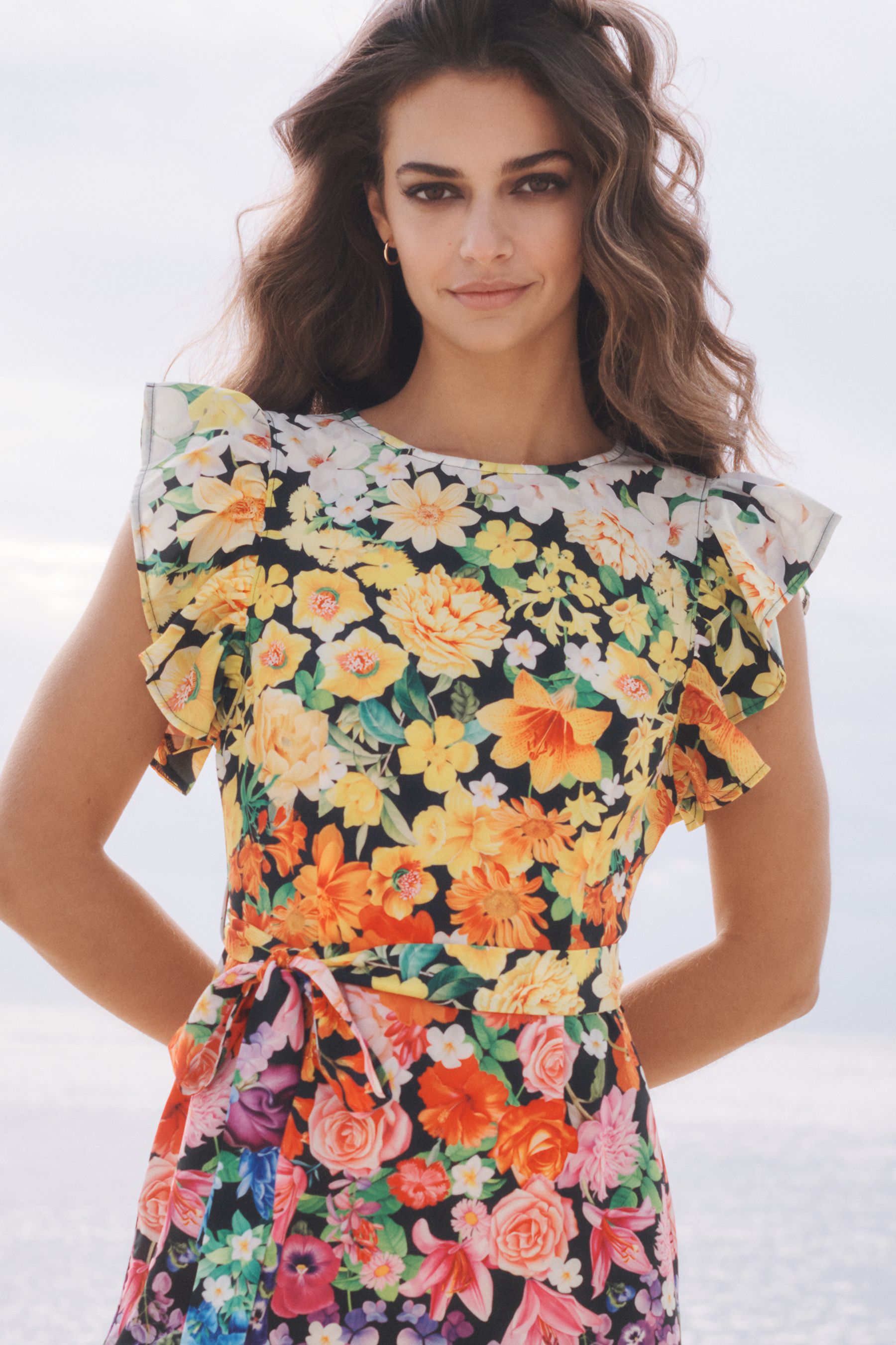 Buy Mary Katrantzou x Lipsy Black Bright Floral Frill Sleeve Dress from