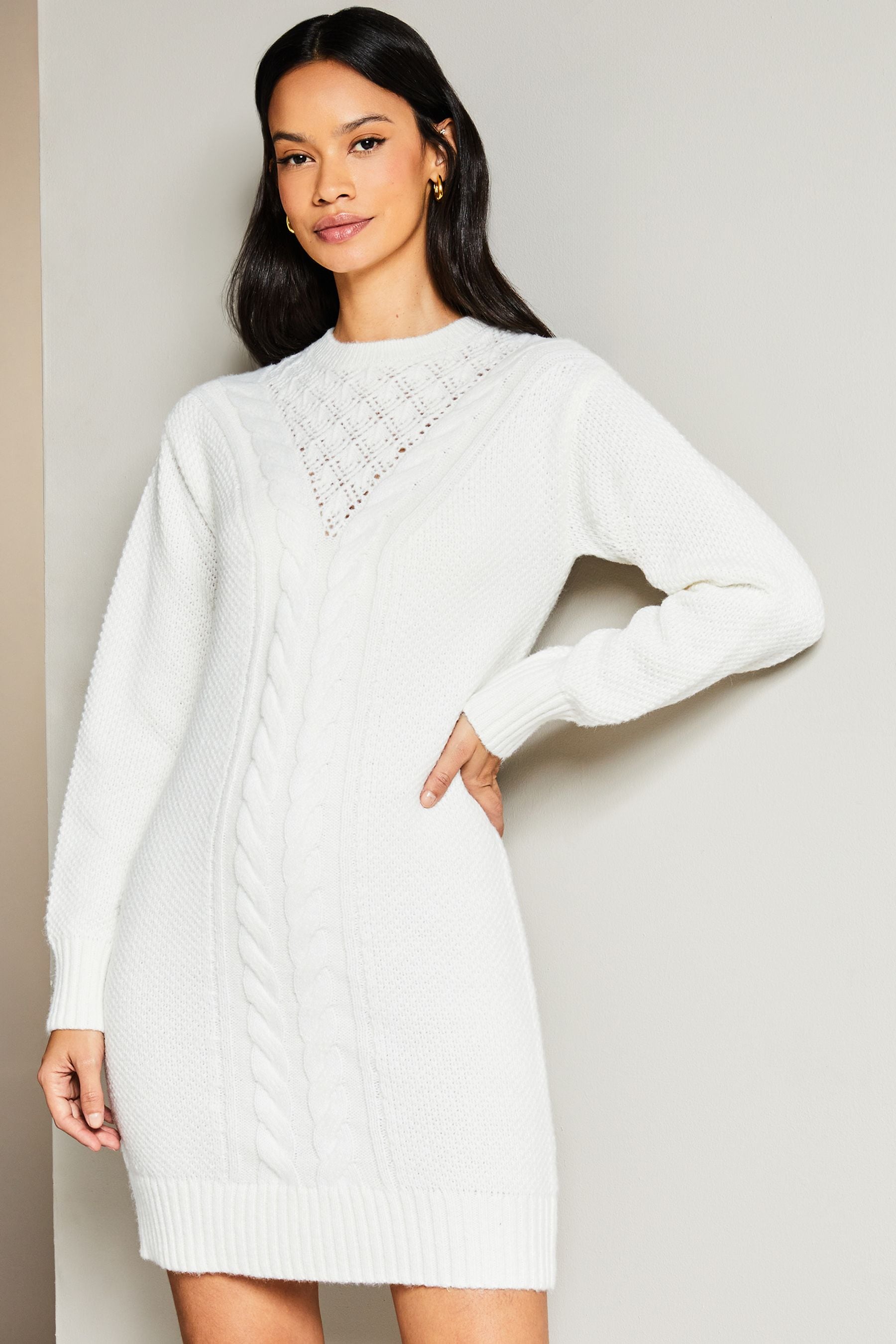 Buy Lipsy Ivory White Cosy Pointelle Crew Neck Knitted Jumper Dress from the Next UK online shop