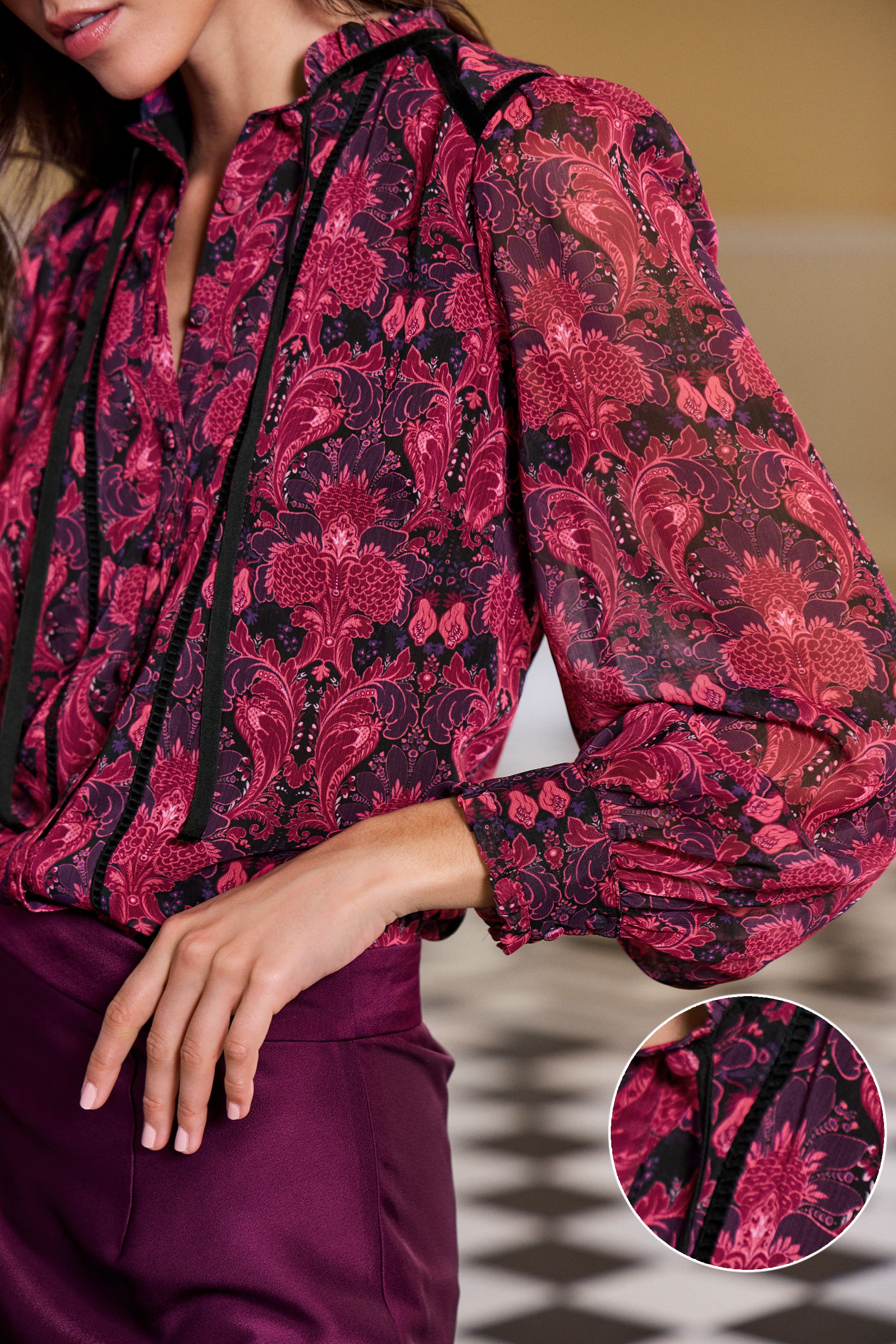 Buy V&A | Love & Roses Red Printed Contrast Neck Tie Long Sleeve Blouse ...