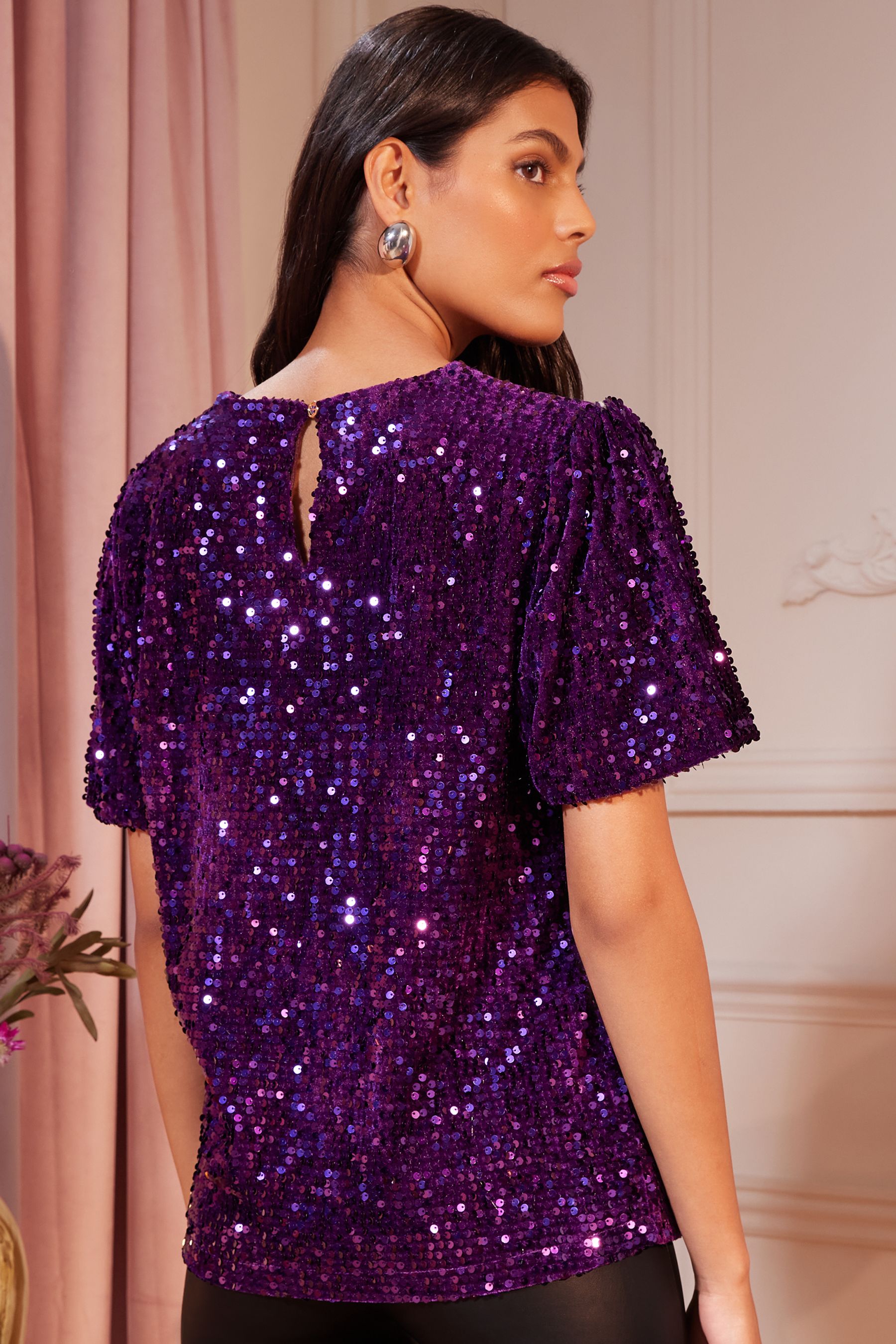 Buy Love & Roses Purple Puff Sleeve Sequin Top from Next Ireland