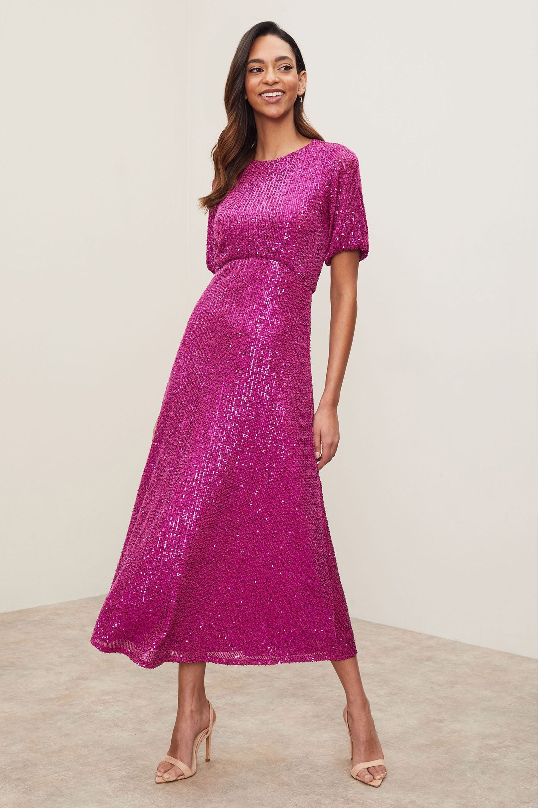 Buy Lipsy Pink Regular Short Sleeve Sequin Underbust Midi Dress from Next Luxembourg