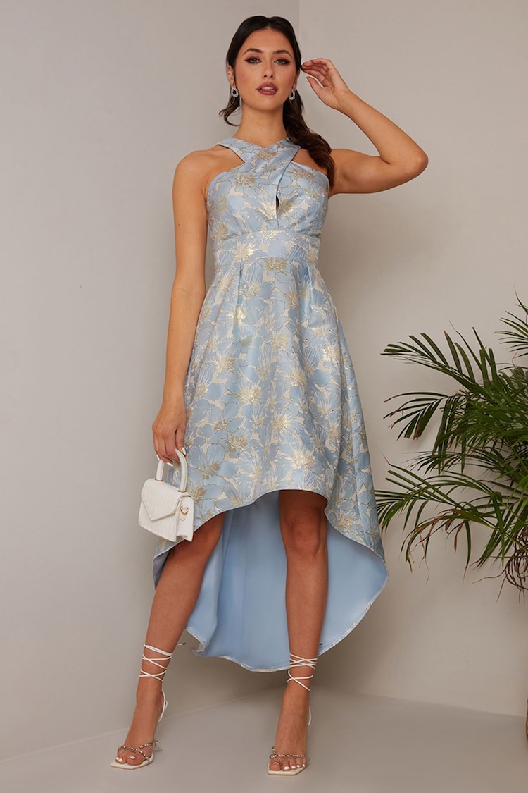 Floral Chi Chi London Baby Blue Dress V Neck Floral Embroidered Lace Midi  Dress In Blue