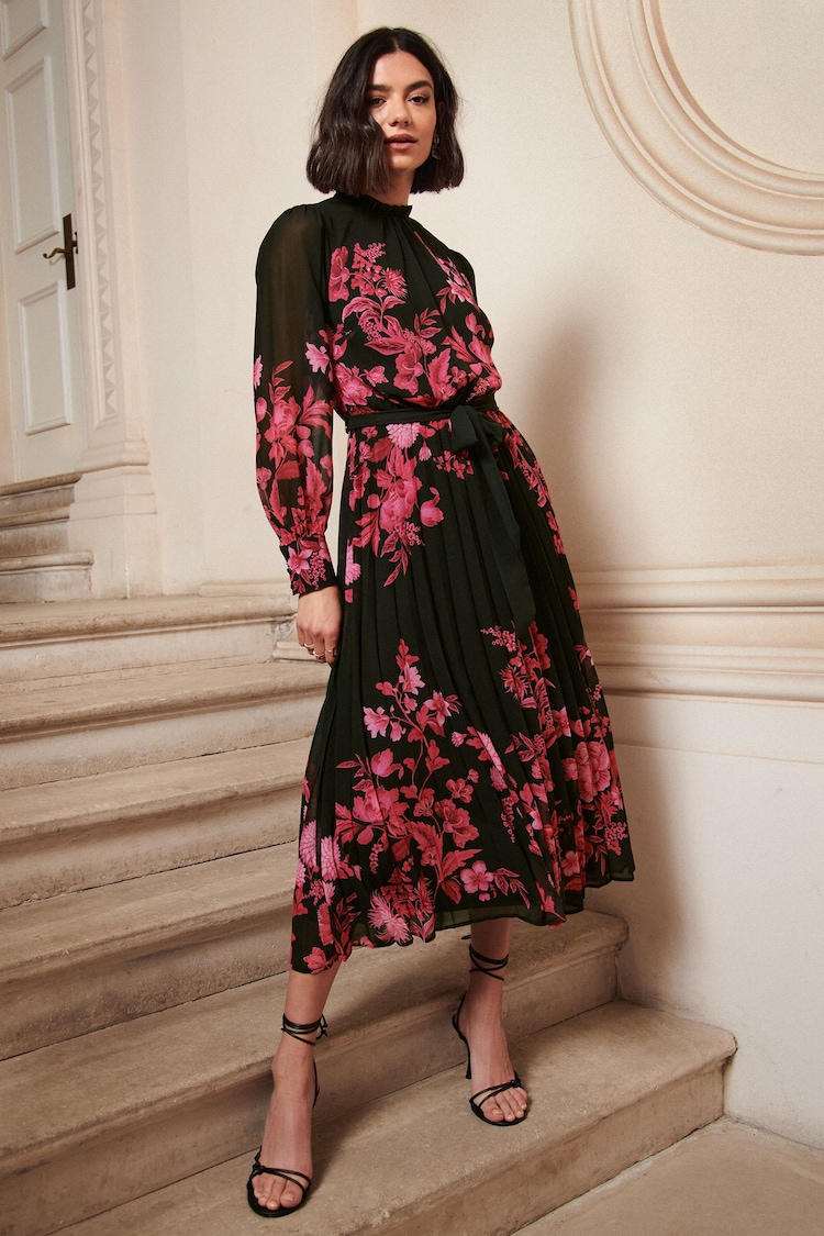 Love & Roses Langärmeliges, plissiertes Midi-Sommerkleid mit Rüschenausschnitt und Print - Bild 1 von 1