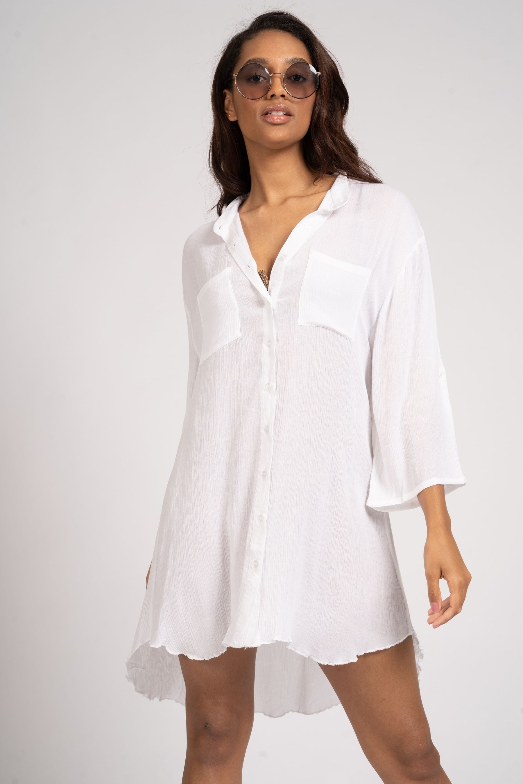 Buy South Beach White Nehru Collar Double Pocket Beach Shirt Dress from ...