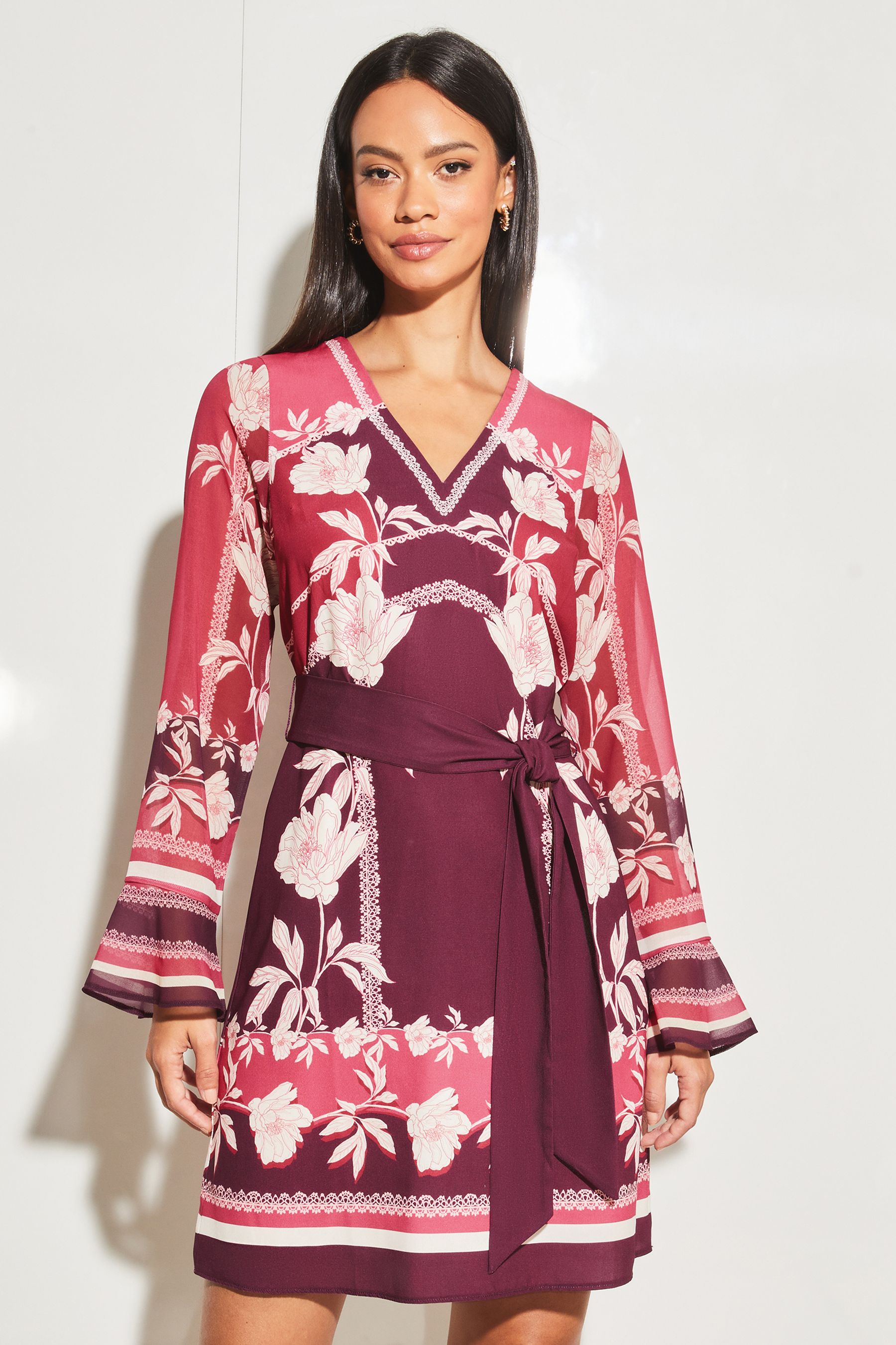 Buy Lipsy Pink Printed Long Sleeve V Neck Belted Shift Dress from Next ...