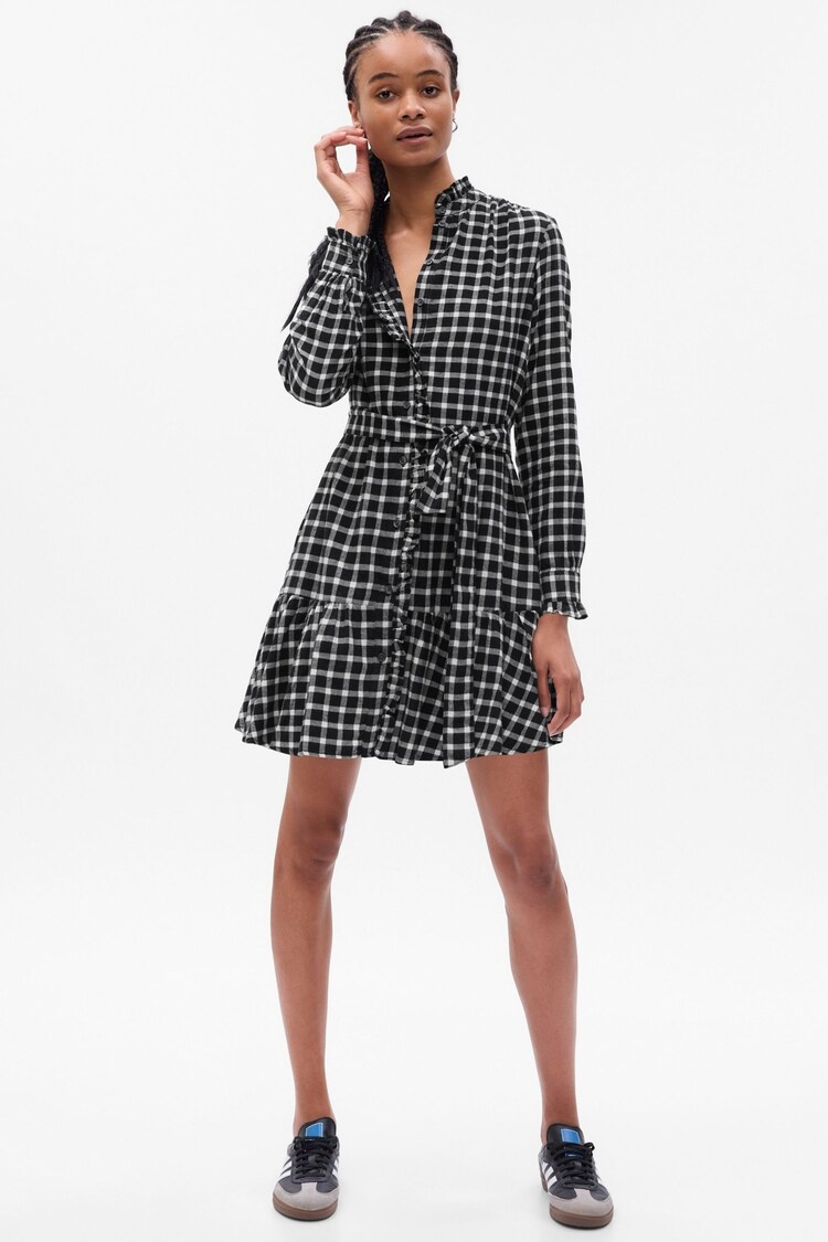 Gap Black/White Tiered Ruffle Long Sleeve Check Mini Dress - Image 1 of 1