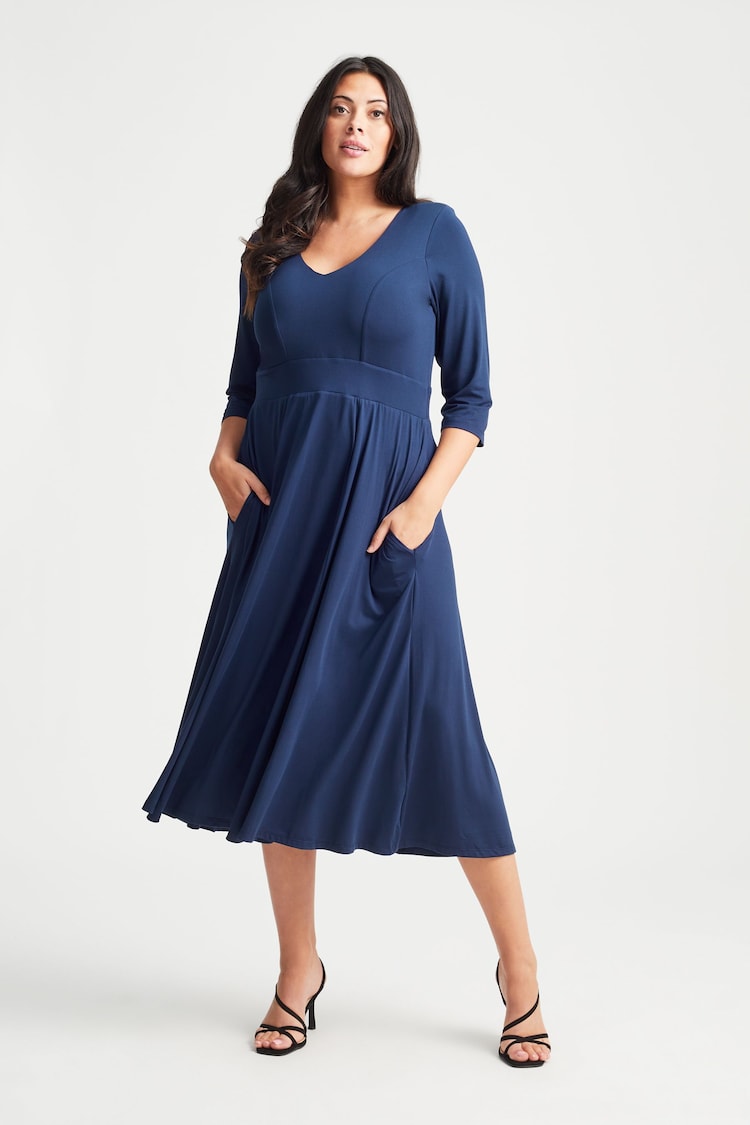 Scarlett & Jo Navy Curve V Neck Long Peach Touch Midi Dress - Image 1 of 1