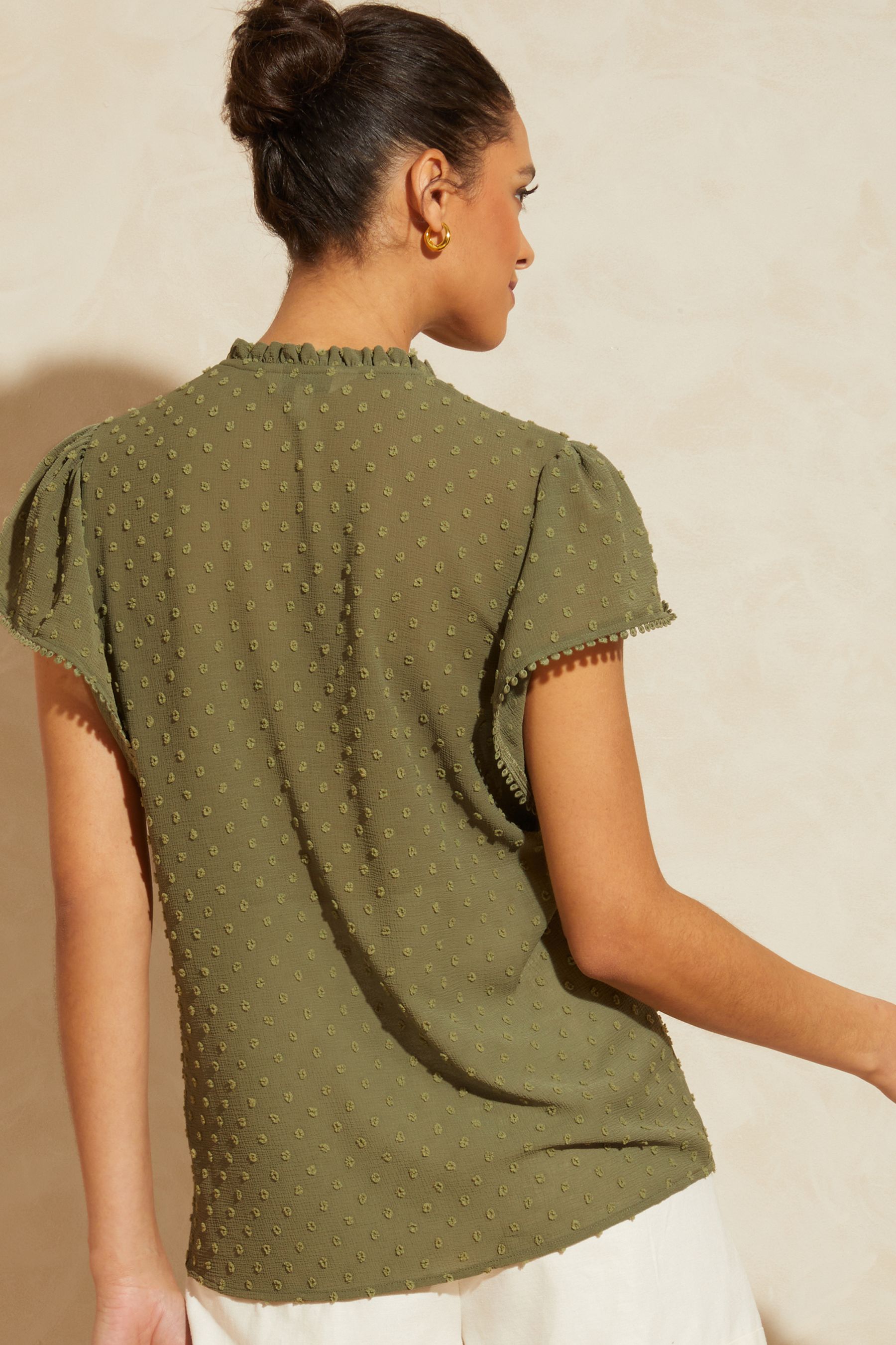 Buy Love & Roses Dobby Spot Ruffle V Neck Flutter Sleeve Blouse from ...