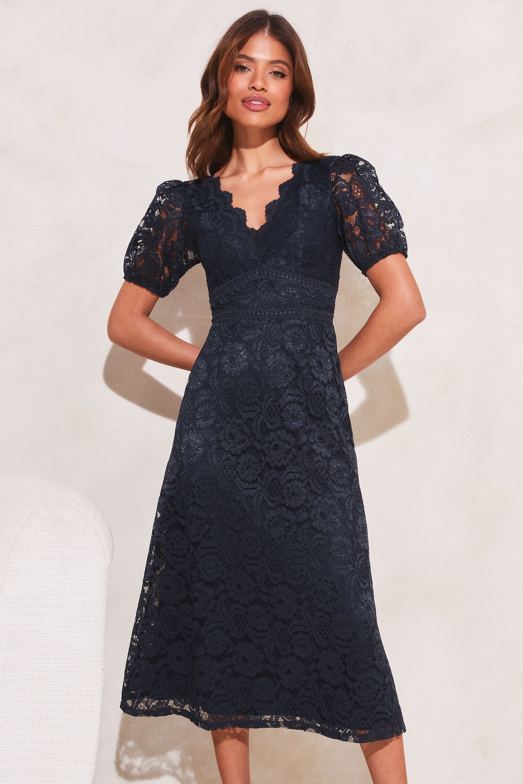 Buy Lipsy Navy Blue Lace Prom Scallop V Neck Puff Sleeve Midi Dress