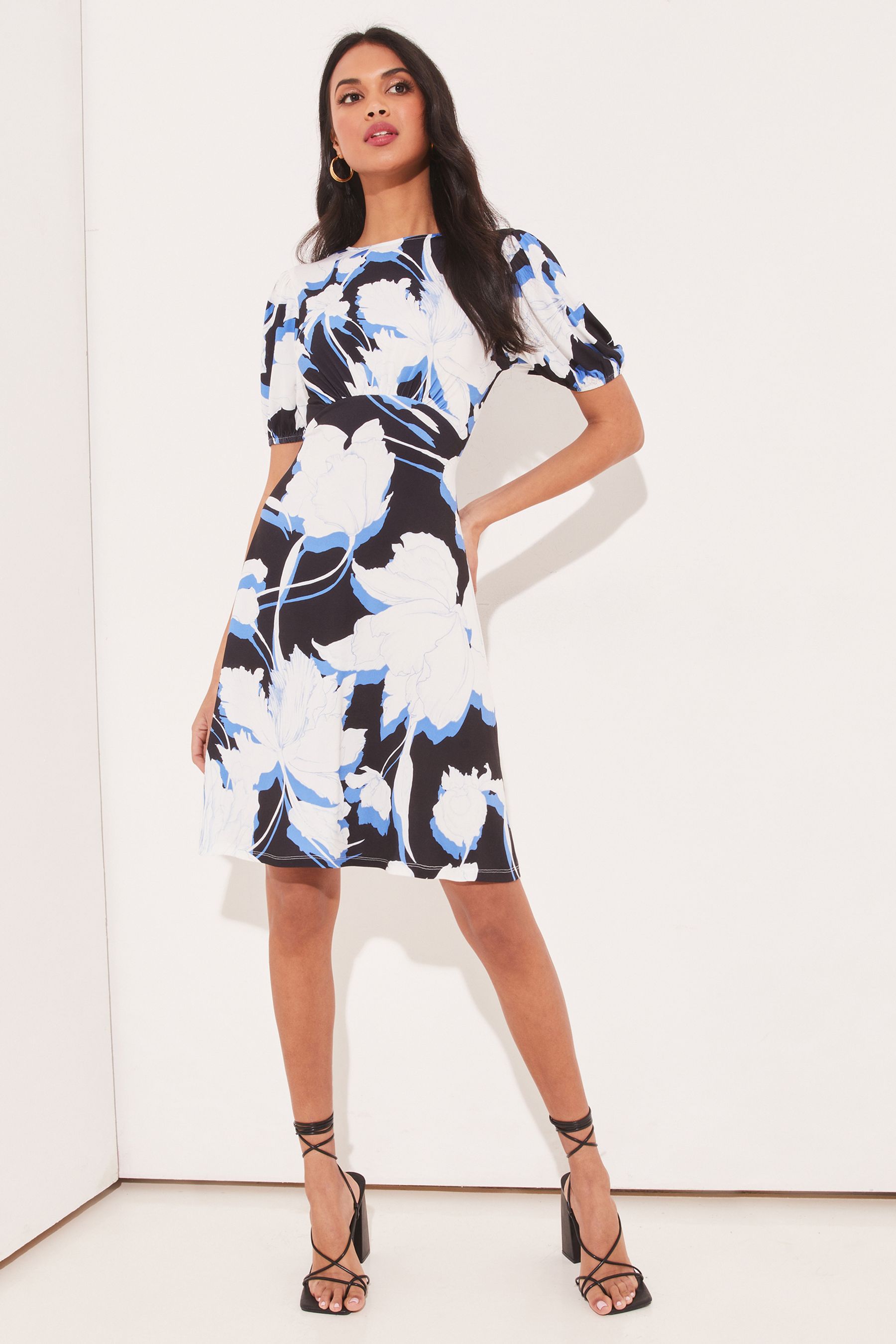 Buy Lipsy Blue Floral Petite Jersey Underbust Puff Sleeve Summer Mini