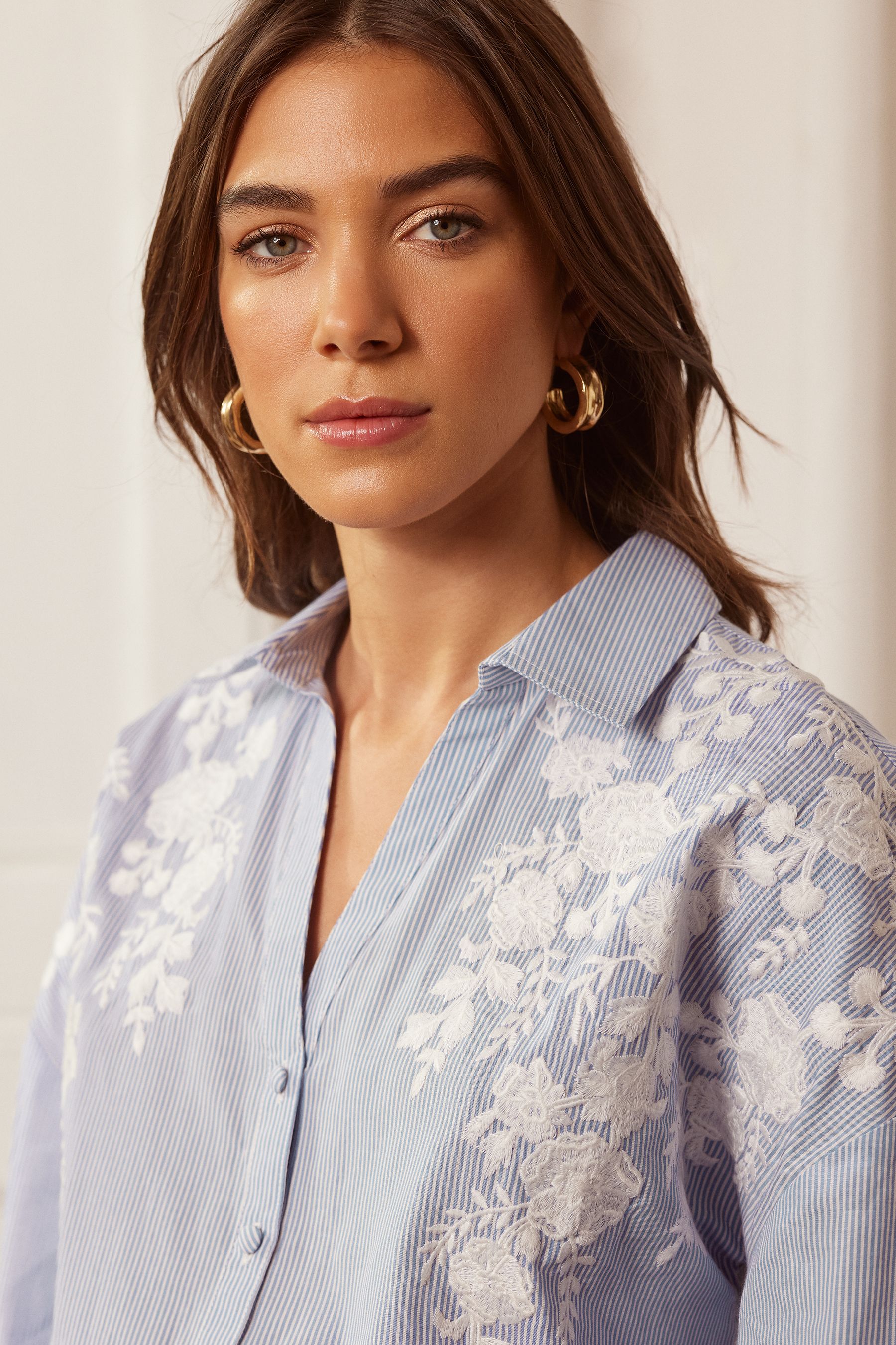 Buy Love & Roses Blue Stripe Embroidery Button Through V Neck Tie Cuff