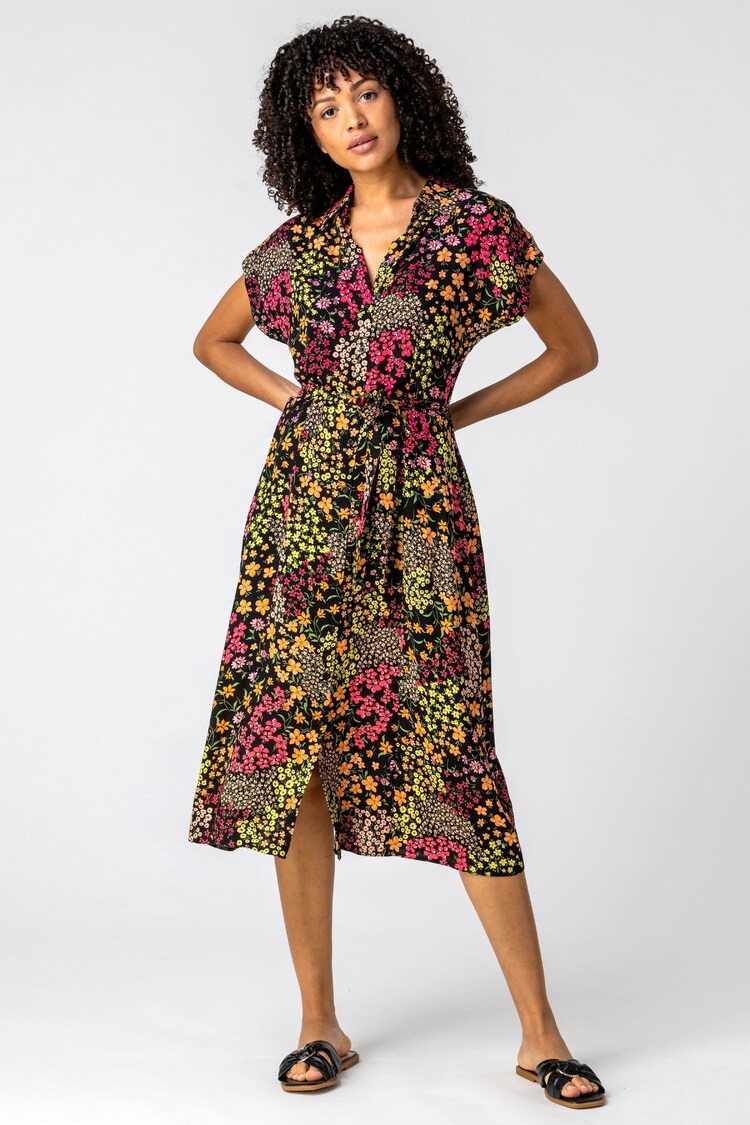 Roman Black Contrast Floral Print Shirt Dress - Image 1 of 1