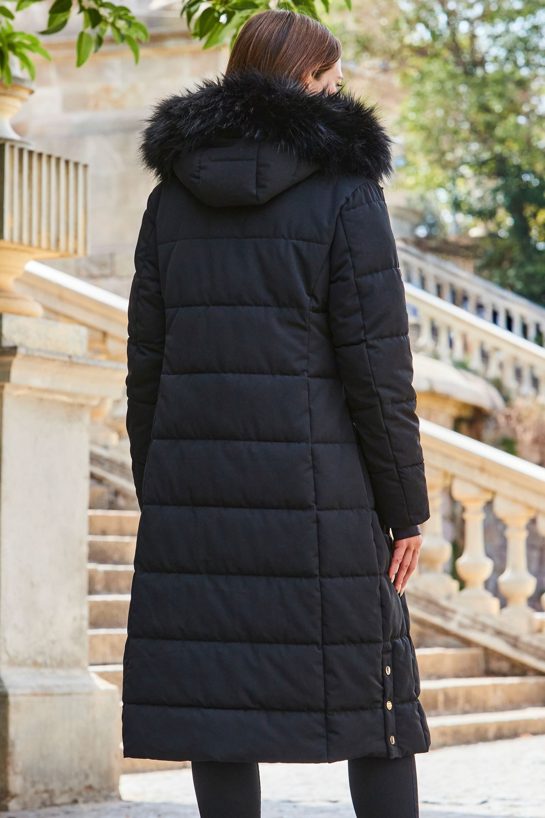 Buy Sosandar Black Longline Padded Coat With Faux Fur Hoodie from the ...