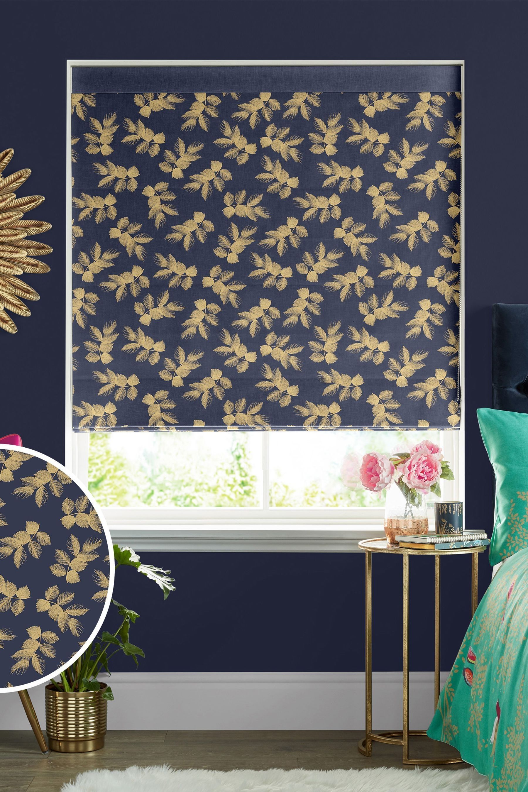 Buy Sara Miller Deep Blue Etched Leaves Made to Measure Roman Blinds