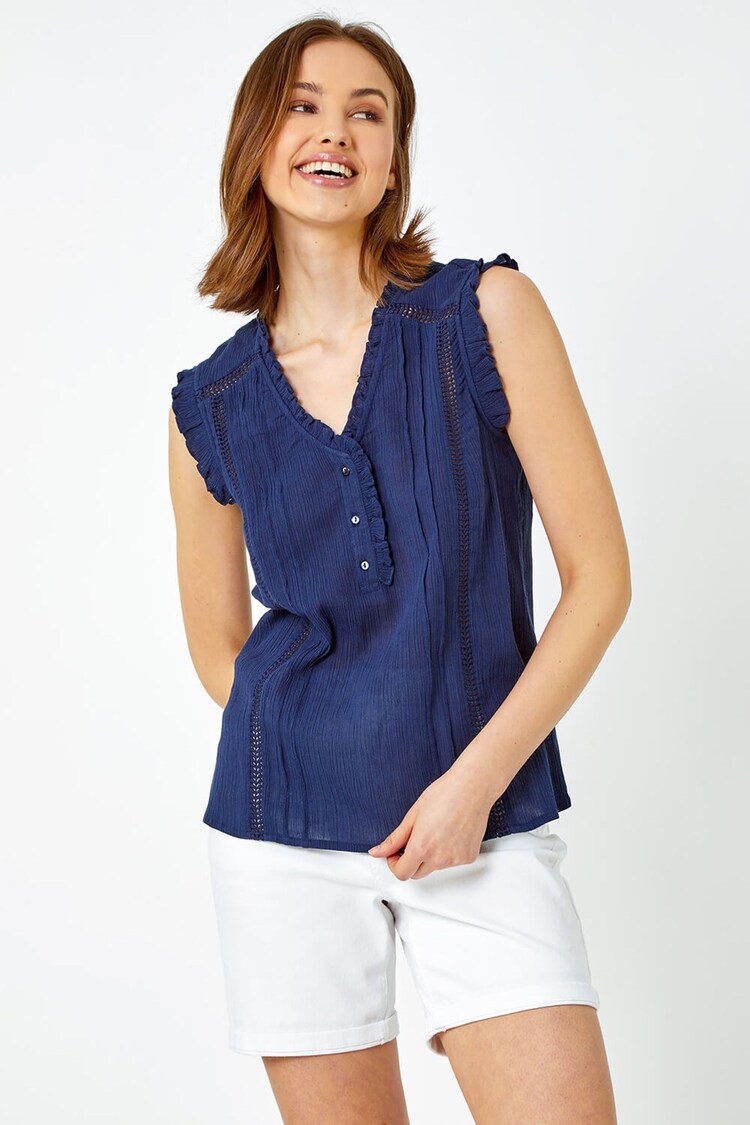 Roman Blue Ruffle Detail 100% Cotton Crinkle Top - Image 1 of 1