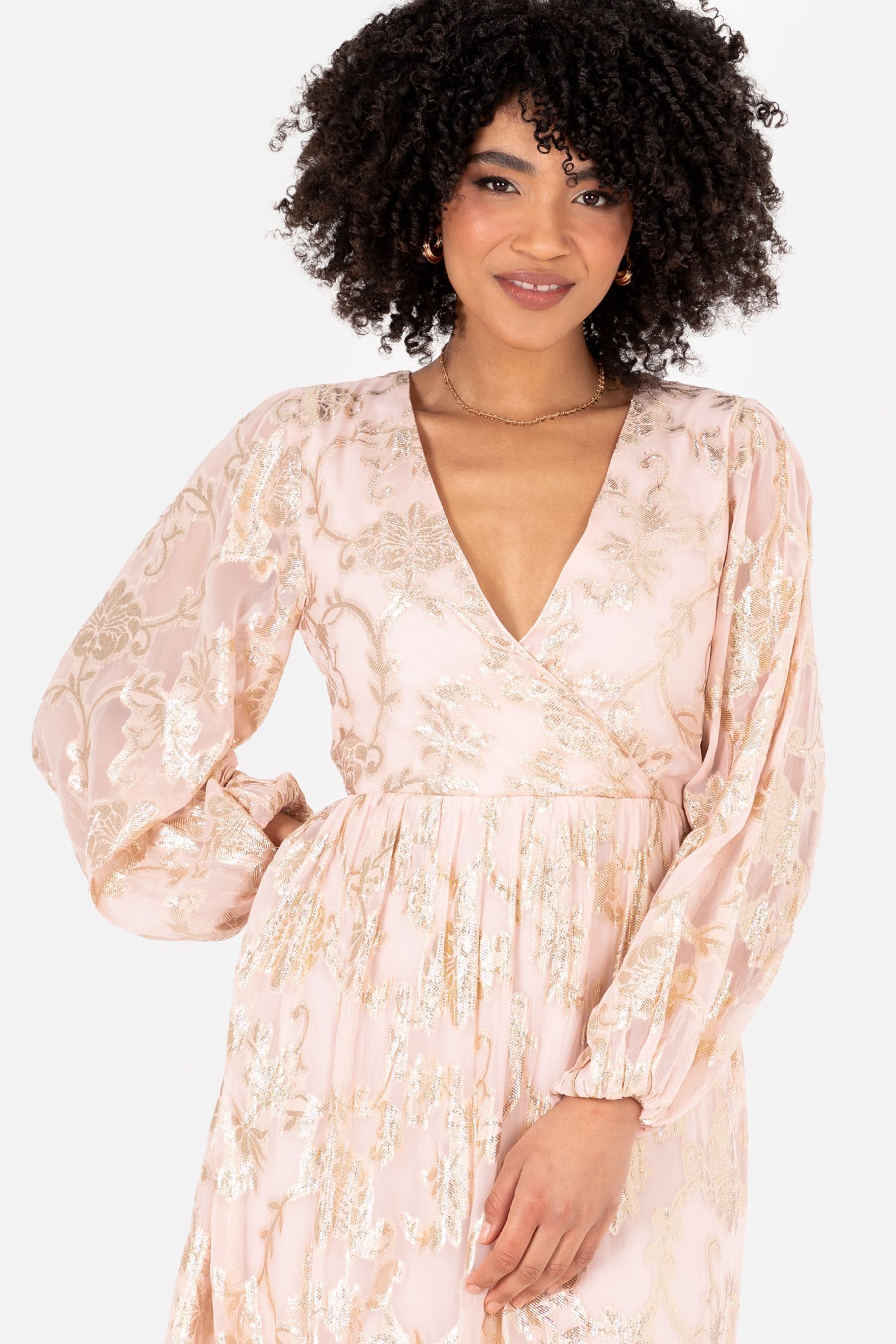 Buy Lovedrobe Nude Long Sleeve Foiled Wrap Front Midaxi Dress from the ...