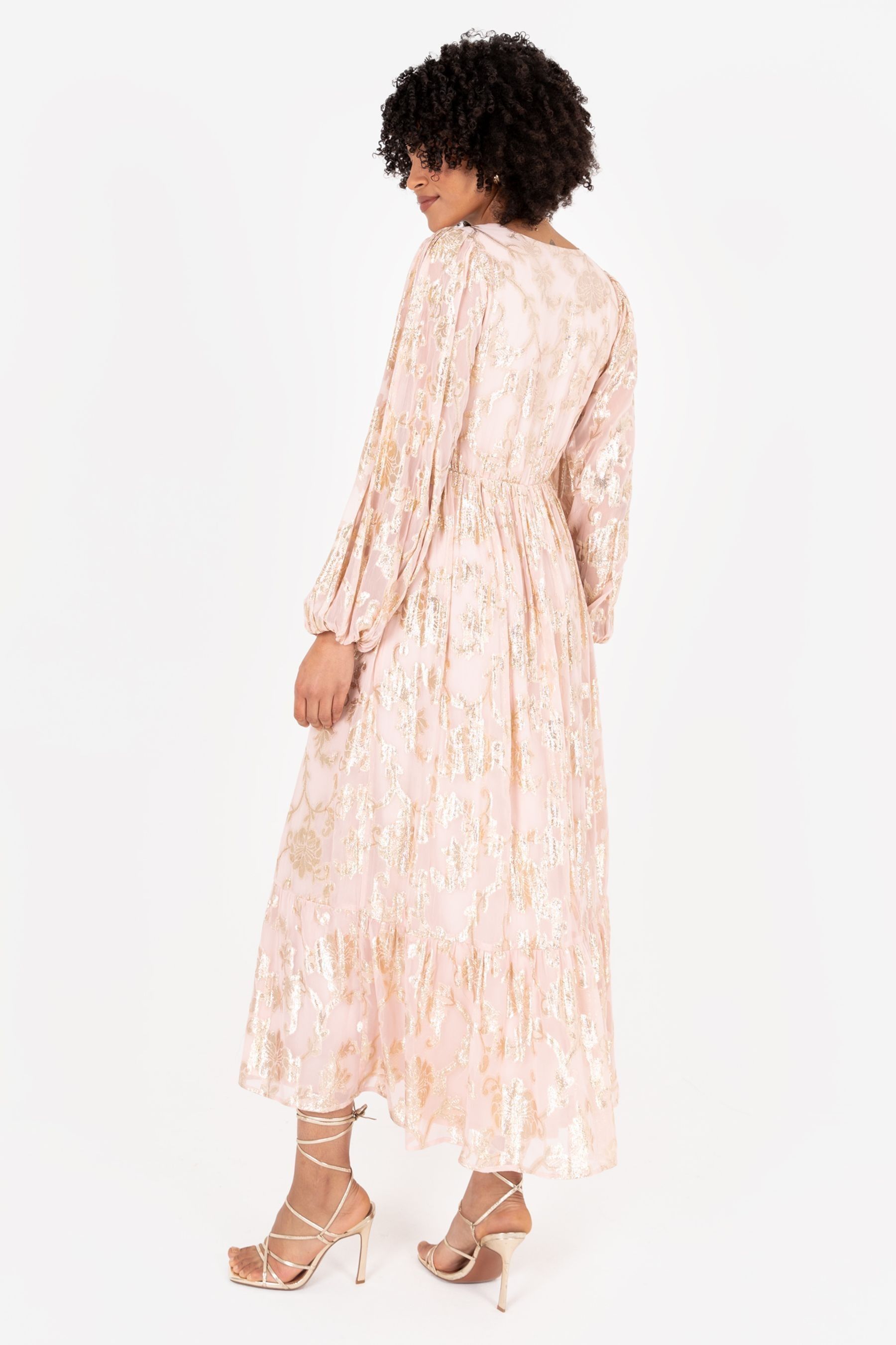 Buy Lovedrobe Nude Long Sleeve Foiled Wrap Front Midaxi Dress from the ...