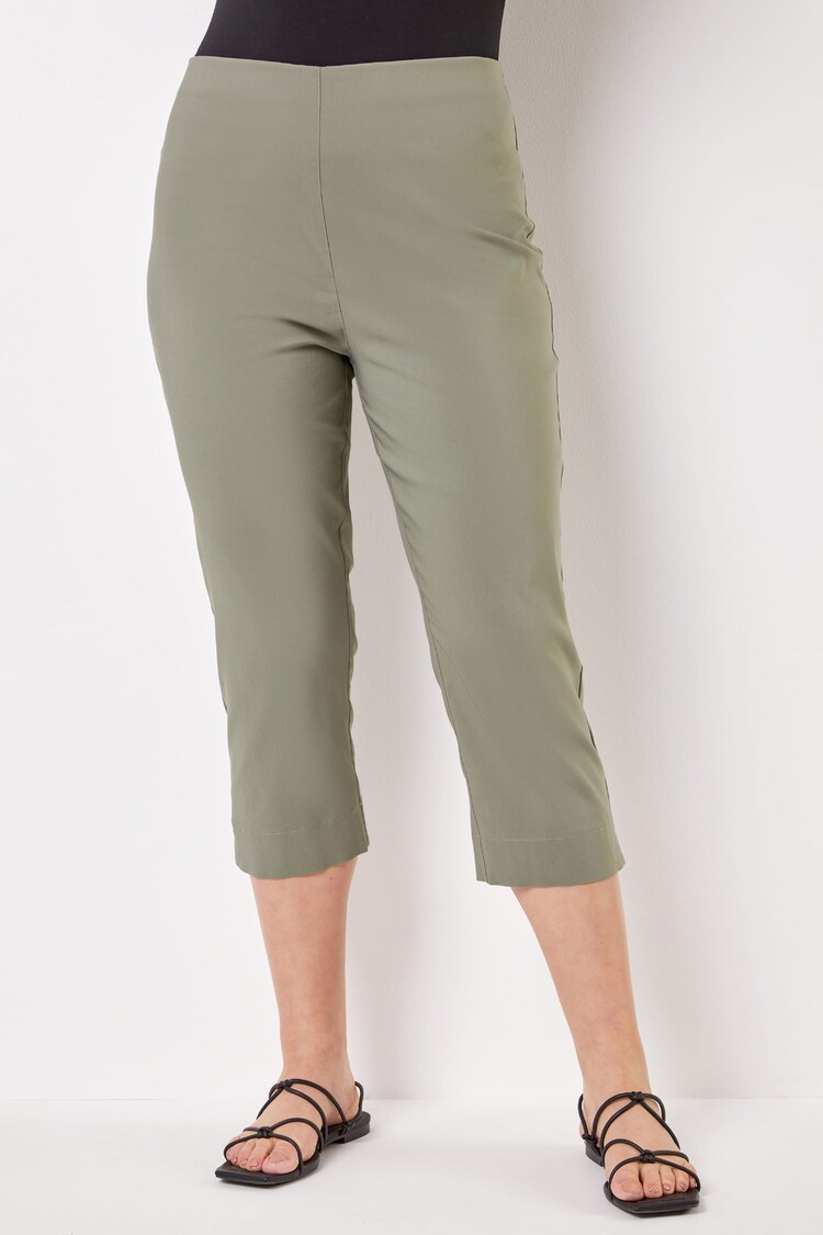 Roman Khaki Green Curve Cropped Stretch Capri Trousers - Image 1 of 1