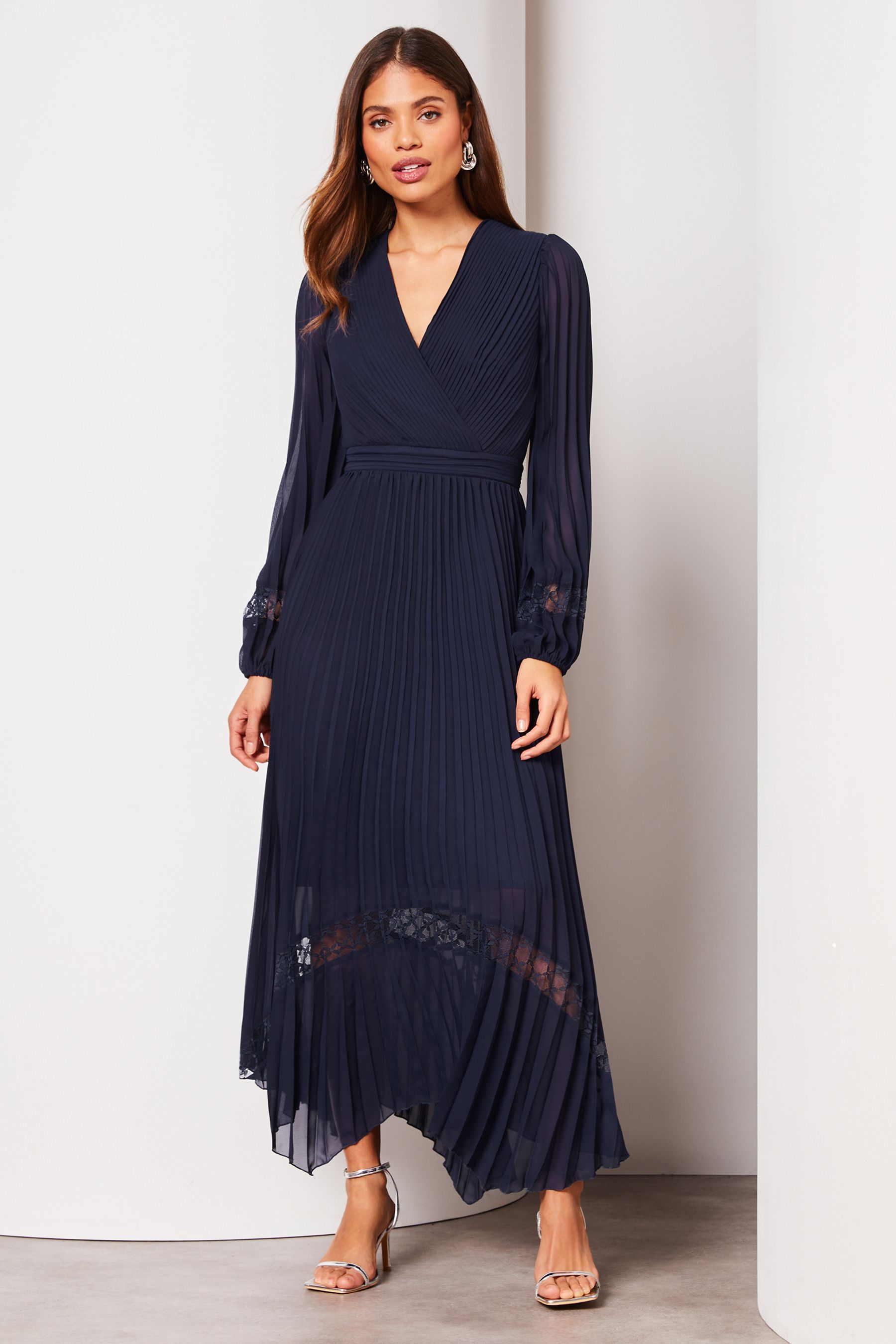 navy asymmetric neck pleated wrap midi dress Amelia Asymmetric-Neck Wrap Dress