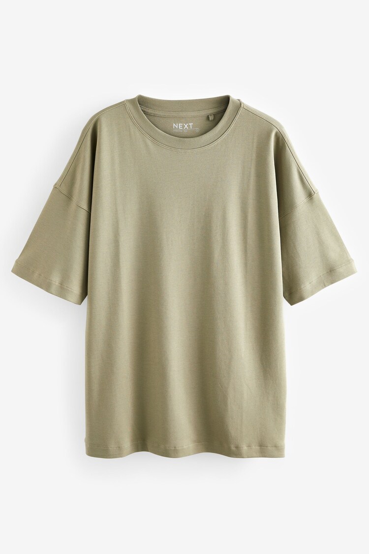 Khaki Green 100% Cotton Relaxed Fit Heavyweight Longline Crew Neck T-Shirt - Image 1 of 1