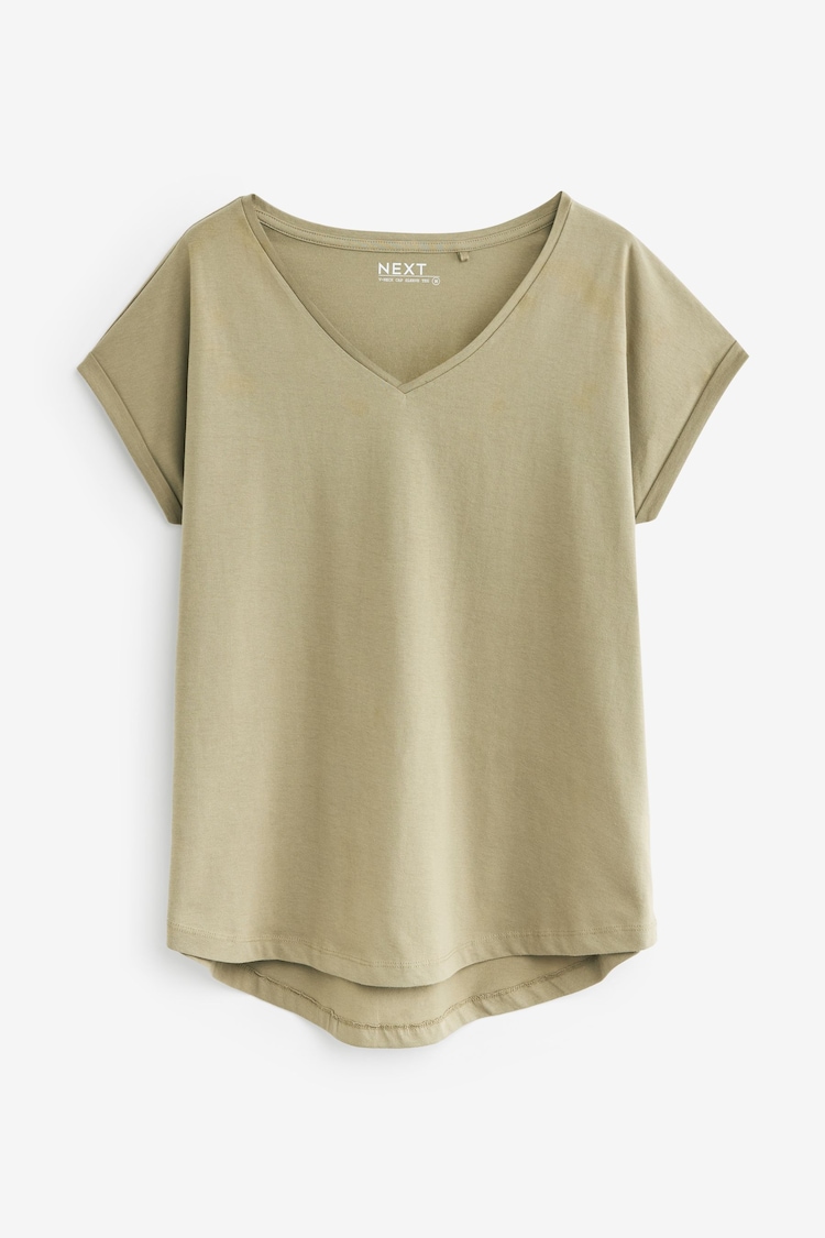 Verde oliva - Camiseta de algodón 100 % con cuello en pico y mangas casquillo - Image 1 of 1