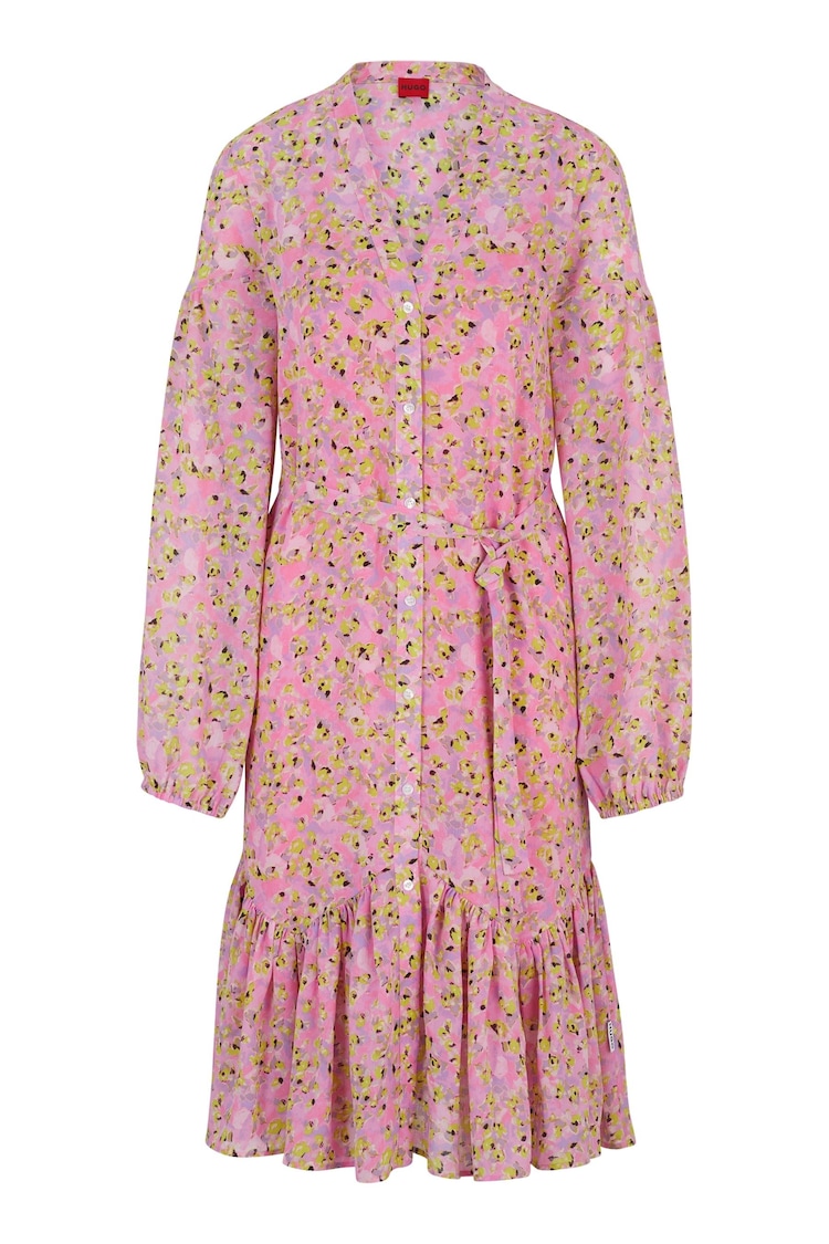 HUGO Pink Floral Print Belted Midi Dress - Image 1 of 1