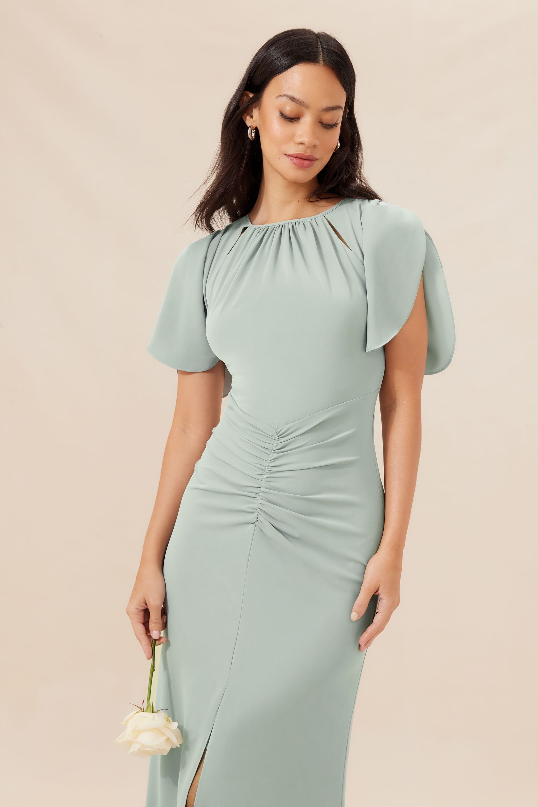 Buy Lipsy Sage Green Petite Short Sleeve Ruched Front Split Bridesmaid