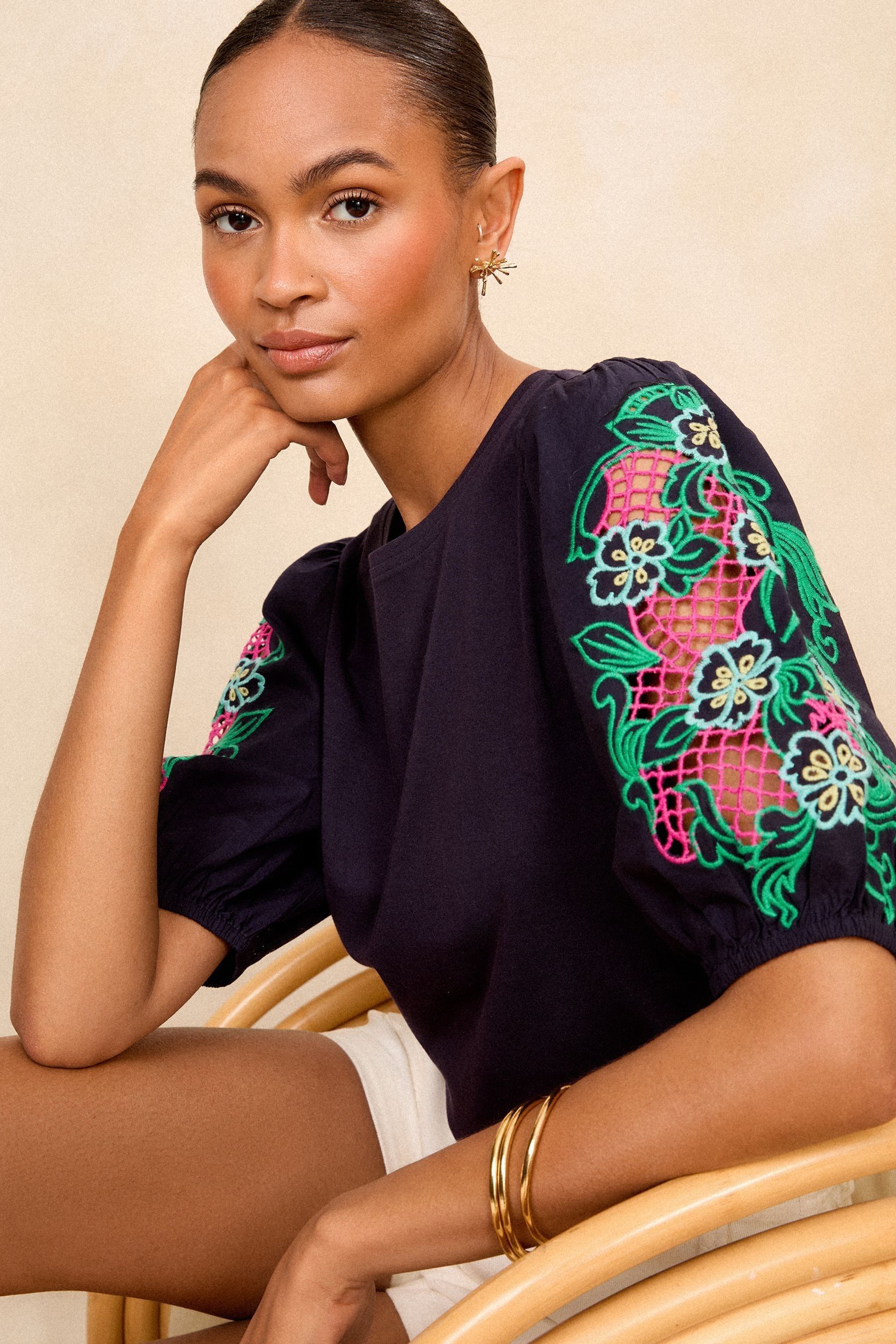 Buy Love & Roses Navy Blue Cutwork Detail Puff Sleeve Jersey TShirt